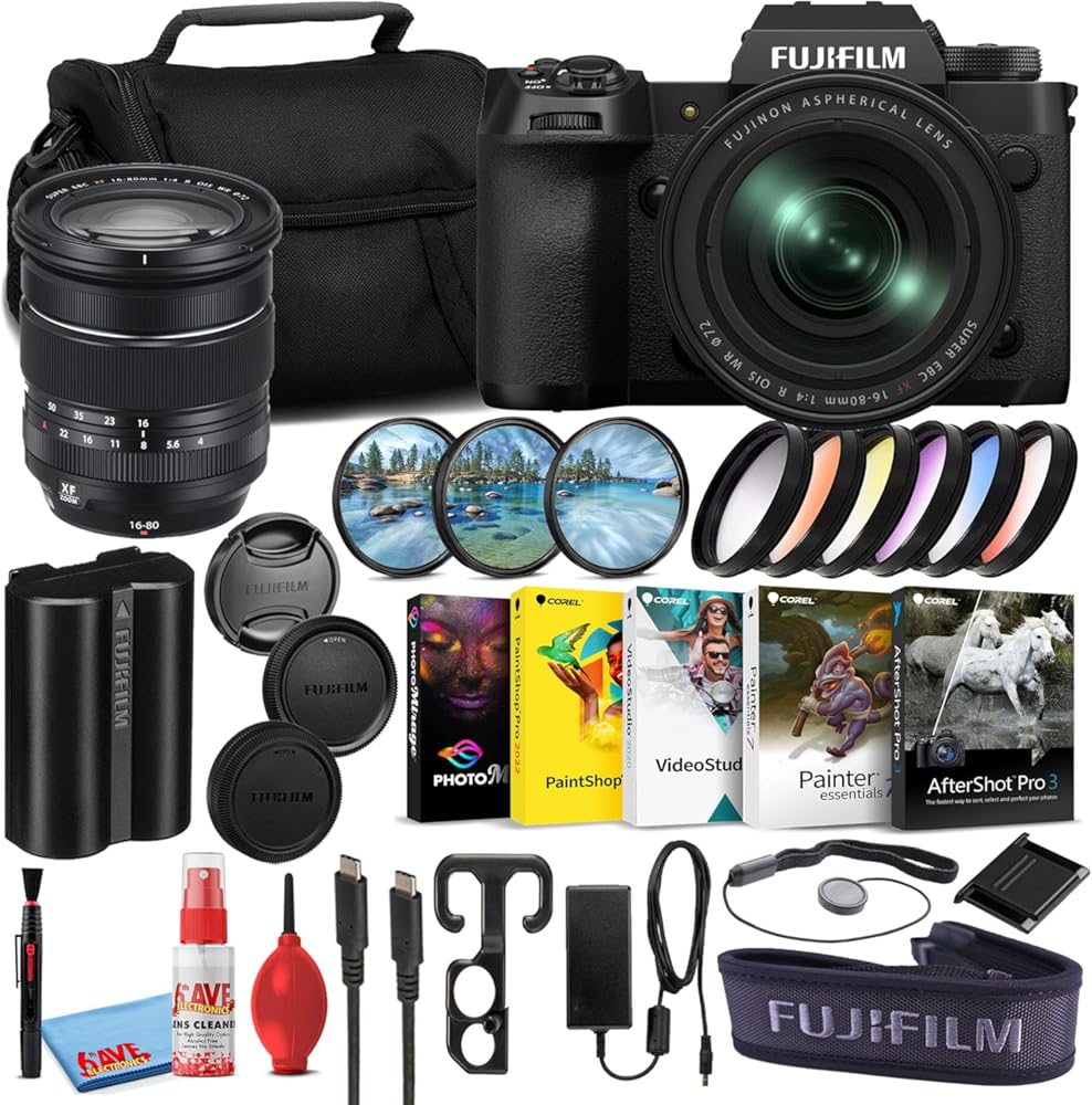 Fujifilm X-H2 Mirrorless Digital Camera with 16-80mm Lens (Black, 16781591) Bundle with Editing Software + Graduated Color Filters + Large Camera Bag + Lens Filters + Camera Cleaning Kit