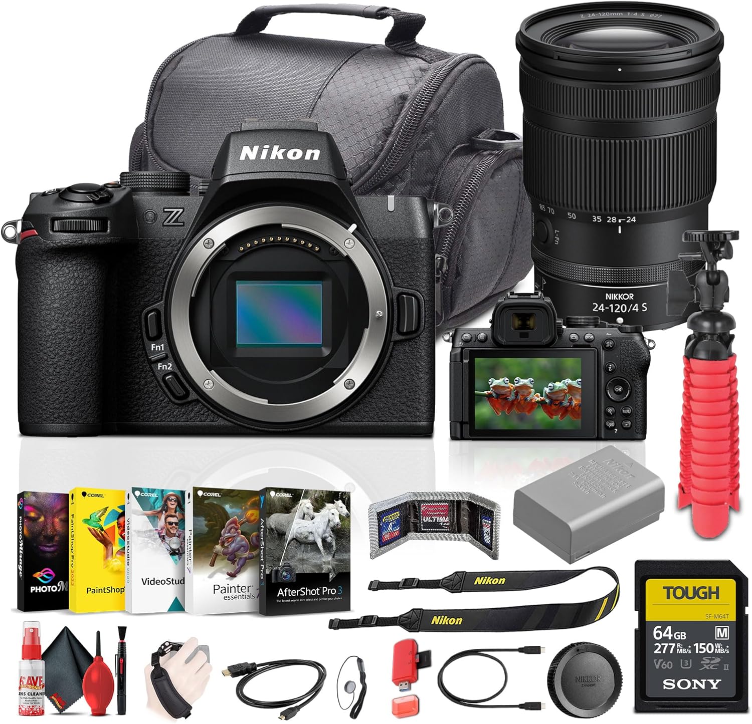 Nikon Z50II Mirrorless Camera Body Bundle with NIKKOR Z 24-120mm f/4 S Lens + 64GB Memory Card + 6Ave Cleaning kit+ Camera Bag + More Vlogging Accessories Kit (Renewed)