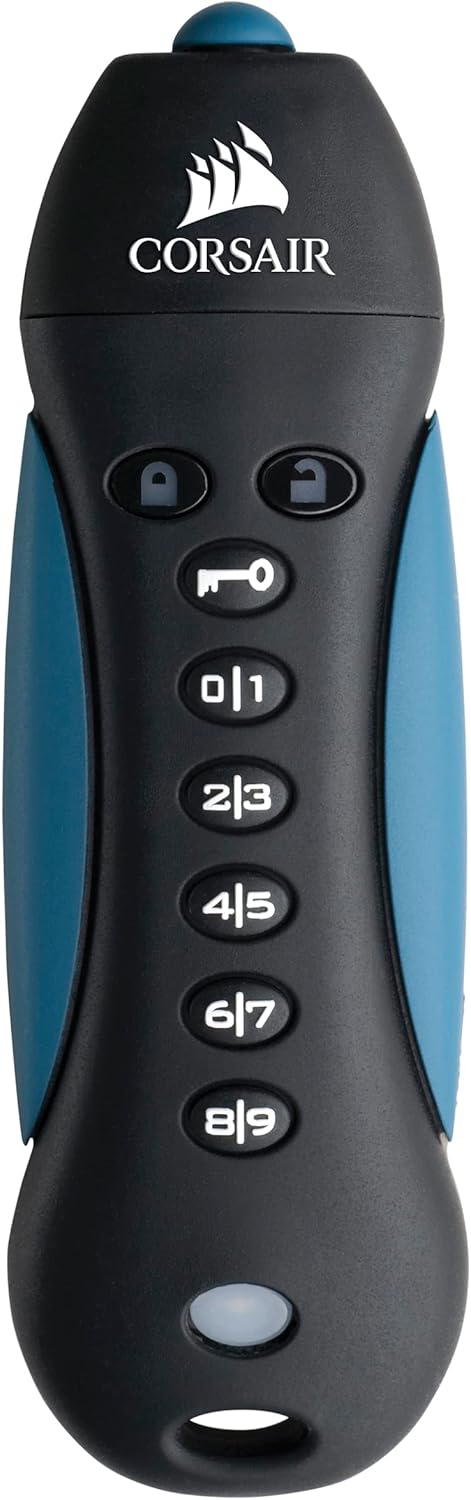 Corsair Flash Padlock 3, 256 GB Secure USB 3.0 Flash Drive with Keypad (256-bit AES Encryption, FIPS 197 Security Standards, Ruggedised Rubber Housing, Built-in PIN Pad) Black/Blue