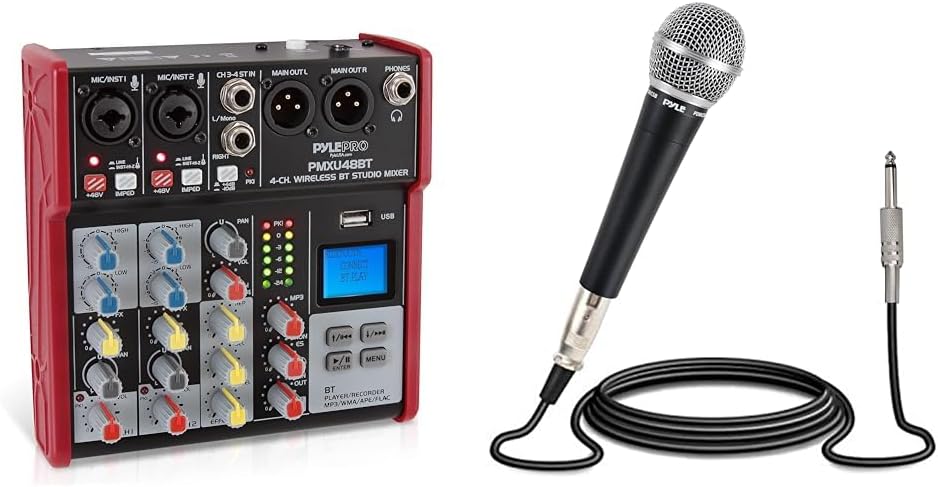 Pyle 4-Channel Bluetooth Studio DJ Mixer with Dynamic Cardioid Microphone and 15ft XLR Cable
