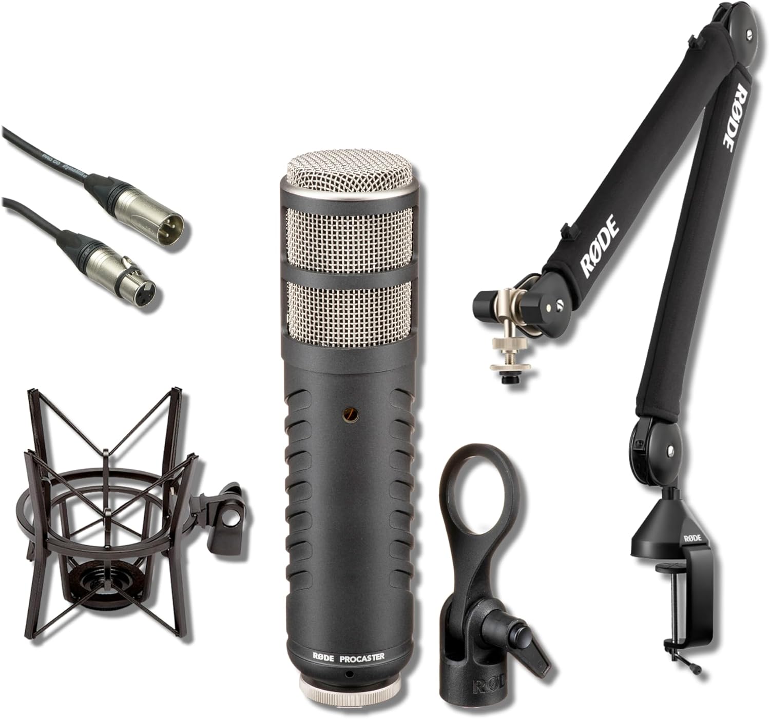 Rode Procaster Cardioid Dynamic Broadcast Microphone with Rode PSA1+ Microphone Boom Arm, PSM1 Shockmount and XLR Cable