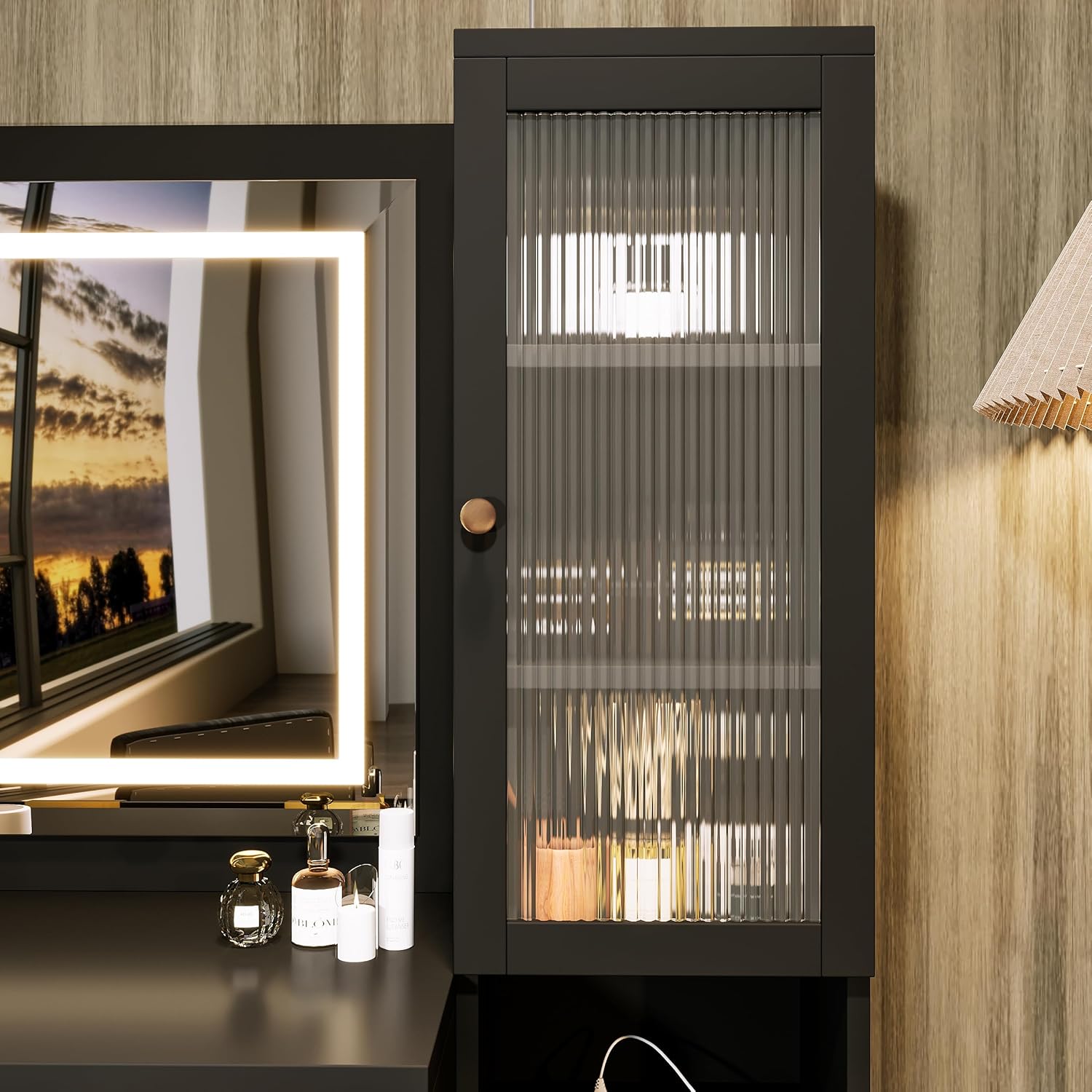 Merax Elegant Vanity Desk with Mirror and Lights, Fluted Makeup Vanity Table & Charging Station, Storage Drawers and Glass Door Cabinet, Black Dressing Table with Stool for Bedroom