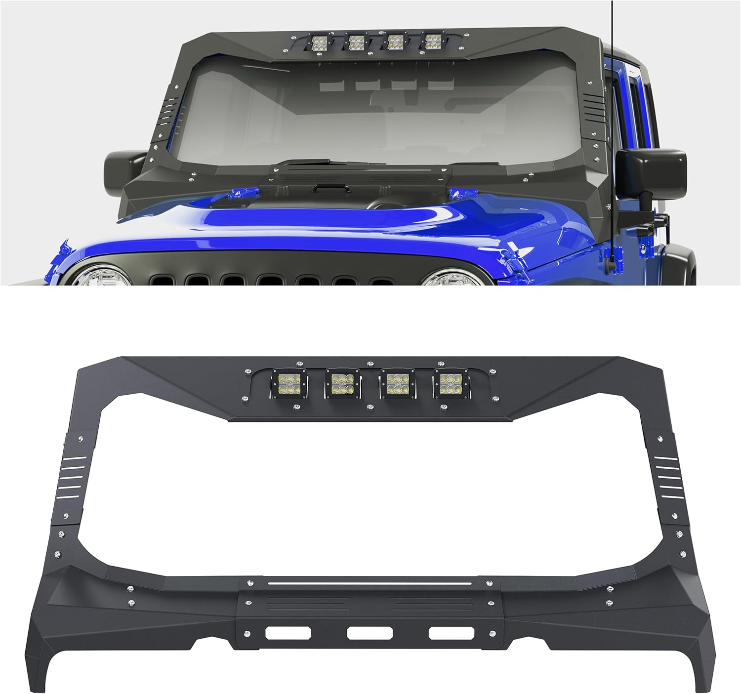 Front Windshield Frame Cover Compatible with 2007-2018 Jeep Wrangler JK & Unlimited 2/4 Door Cowl Body Armor Kit with 4 LED Lights Insert Roof Sun Visor Powder Coated Alloy Steel