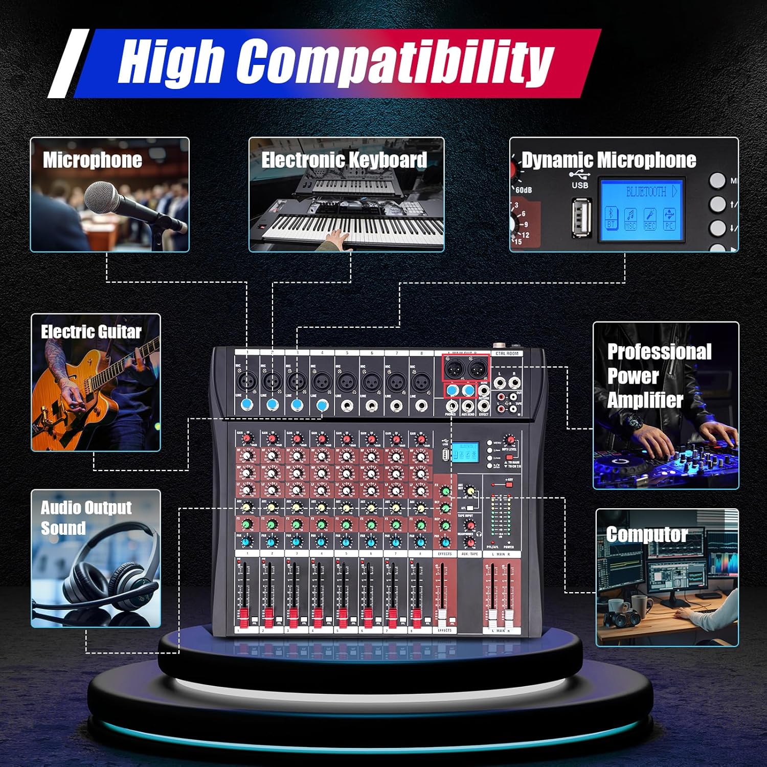 Professional Audio Mixer Sound Board Console System Interface 4 Channel Digital USB MP3 Input 48V Phantom Power Stereo DJ Studio FX Steel Chassis，Black Bluetooth USB Audio Mixer for PC