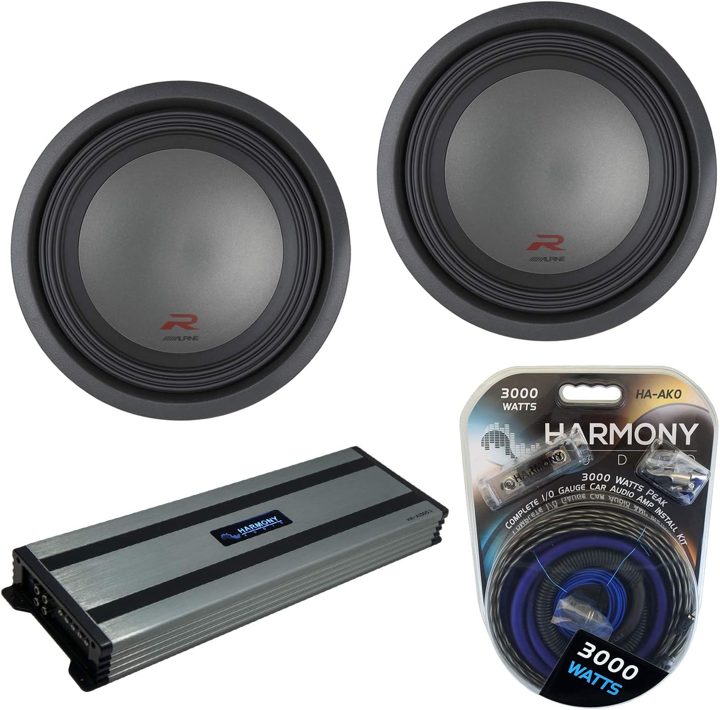 Harmony Audio HA-A1500.1 Car Stereo Class D Mono 3000 Watt Subwoofer Amplifier, R-W12D2 Car Audio Type R Series Dual 2 Ohm 2250W Peak 12