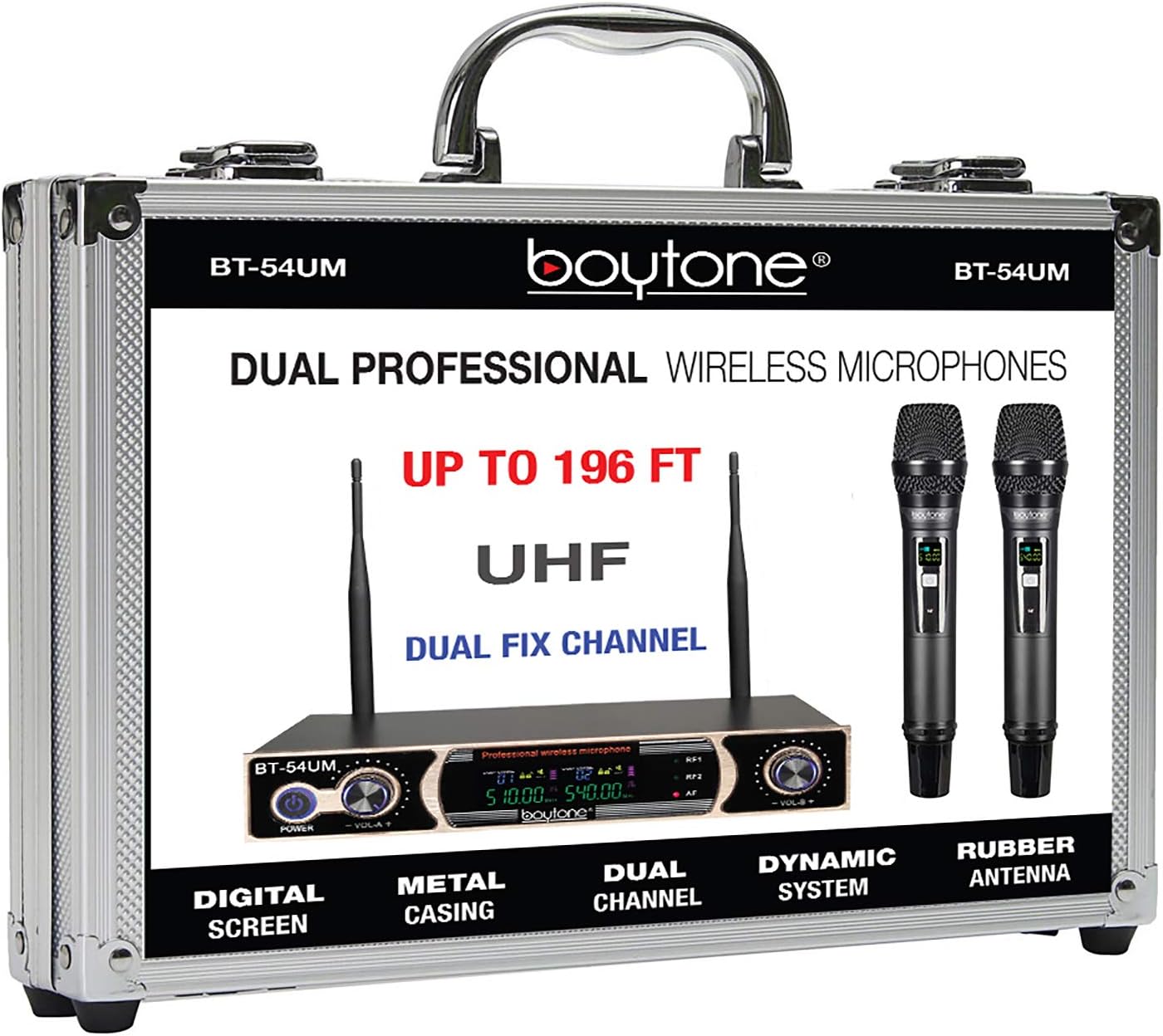 Boytone Dual Fixed Dynamic UHF Wireless Microphone System, Metal Microphone and Base, up to 260 FT(BT-54UM)