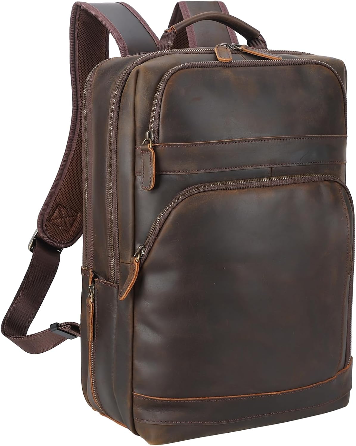 Masa Kawa Brown Leather Laptop Backpack for Men Fits 16” 15.6” Computer, Vintage Business Travel Work Large Daypack Weekender Bag Camping Rucksack