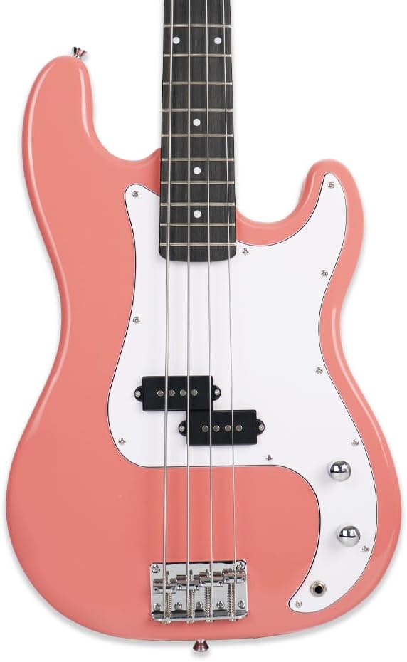 Fojill Full Size 4 Four String Electric Bass Guitar 20W Amplifier Amp Right Hand Beginner Starter Kit Set Combo Bundle Accessory Gig Bag,Strap,Picks,Capo,Noiselss Cable,Strings (Pink)
