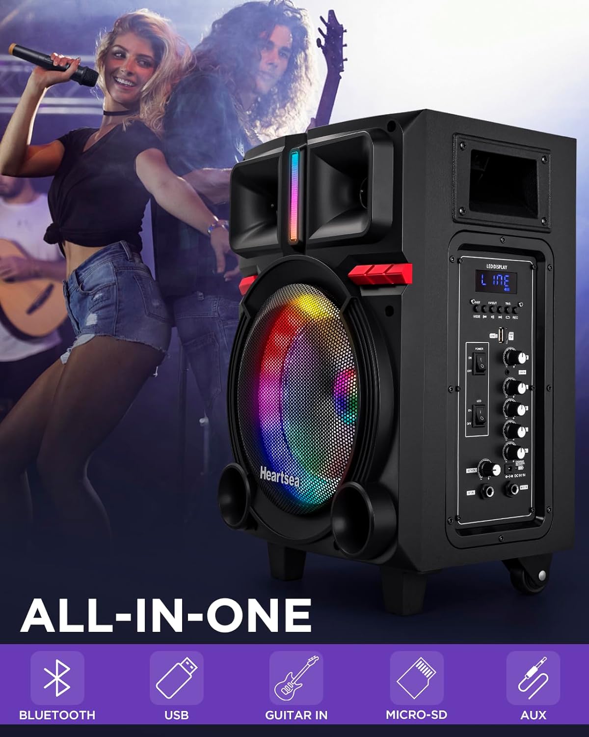 HEARTSEA Karaoke Machine for Adults, Portable Bluetooth Pa Speaker with 2 Wireless Microphones, Wooden Sound PA System with Disco Lights for Party, Outdoor, USB/TF/REC/AUX, Ideal Gifts for Family