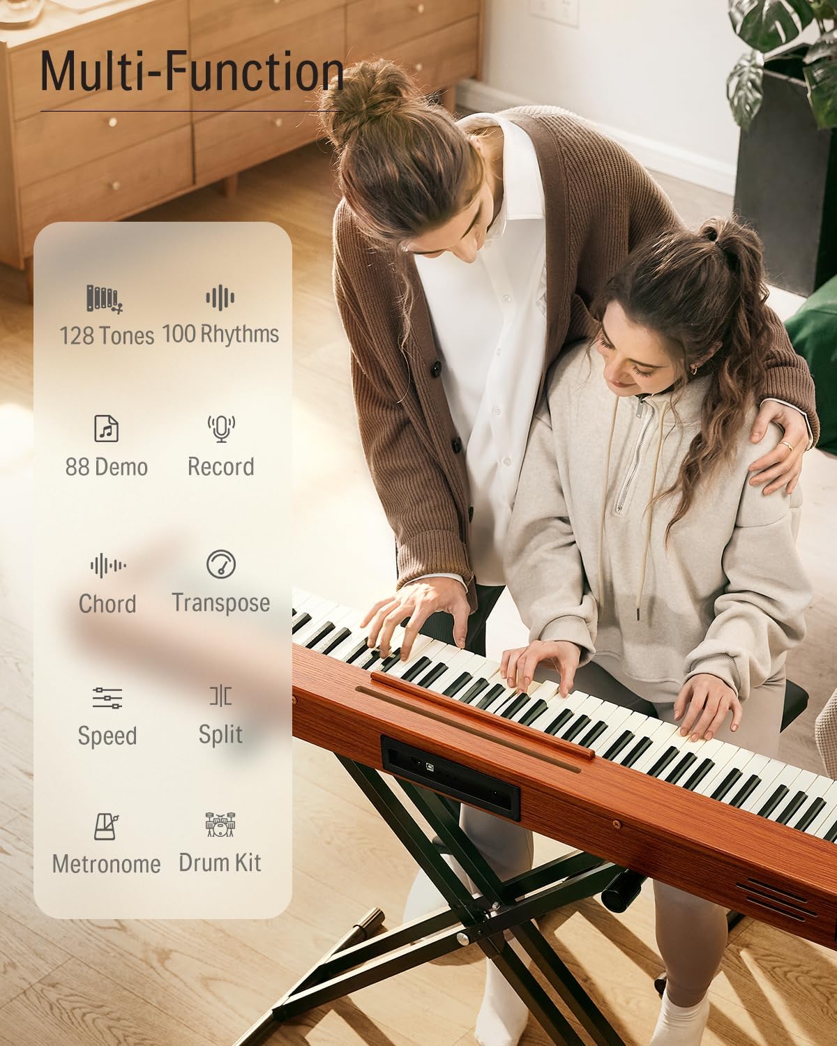 Donner DEP-1S Piano Keyboard 88 Keys, Beginner Digital Piano with 88 Key Velocity-Sensitive Keyboard, Record, Bluetooth, Chord, Bundle With Piano Stand, Piano Stickers, Sustain Pedal, Retro Wood Color