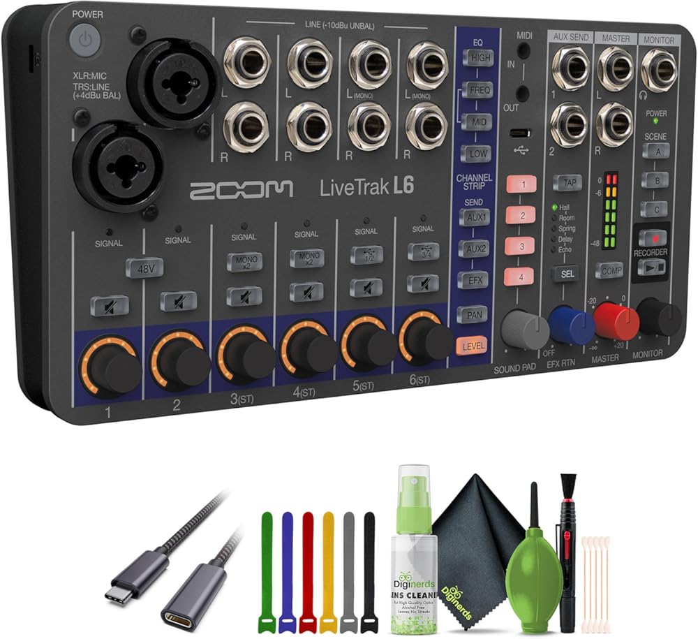 Zoom LiveTrak L-6 Portable 6-Channel Digital Mixer and Multitrack Recorder + Cleaning kit + USB C to Male USB C Cable + Wire Straps