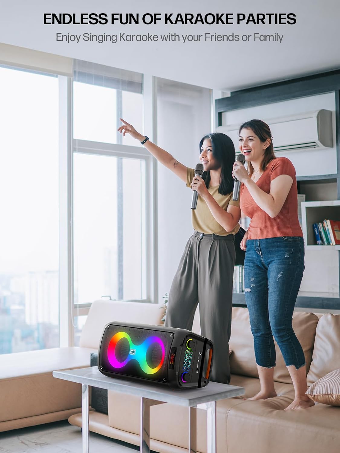 Karaoke Machine, Portable Bluetooth Speaker with 2 Wireless Microphones, PA System with Disco Lights for Big Party, Outdoor, Supports USB/TF/REC/AUX, Ideal Gifts for Family, Music Lover