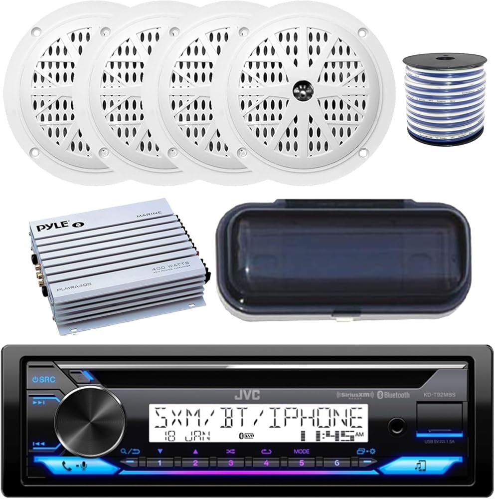 Single DIN Marine Bluetooth Stereo CD Receiver, 4x 5.25'' 100W 2-Way Full-Range White Audio Speakers, 4-Channel Amplifier, Radio Cover, Speaker Wire