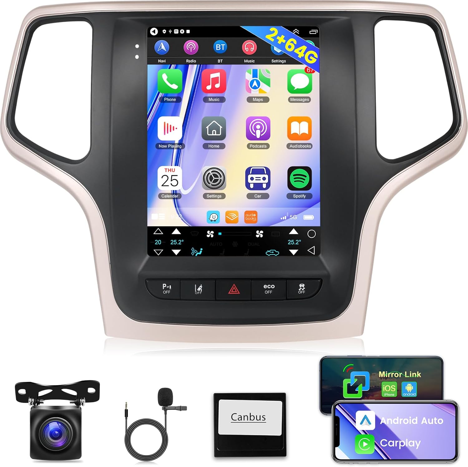 [2G+64G] Car Radio for Jeep Grand Cherokee 2014-2020, 9.7 inch Android 13 Vertical Touch Screen Stereo, Carplay/Android Auto/Hi-Fi Audio/1080P/SWC/Bluetooth + AHD Backup Camera