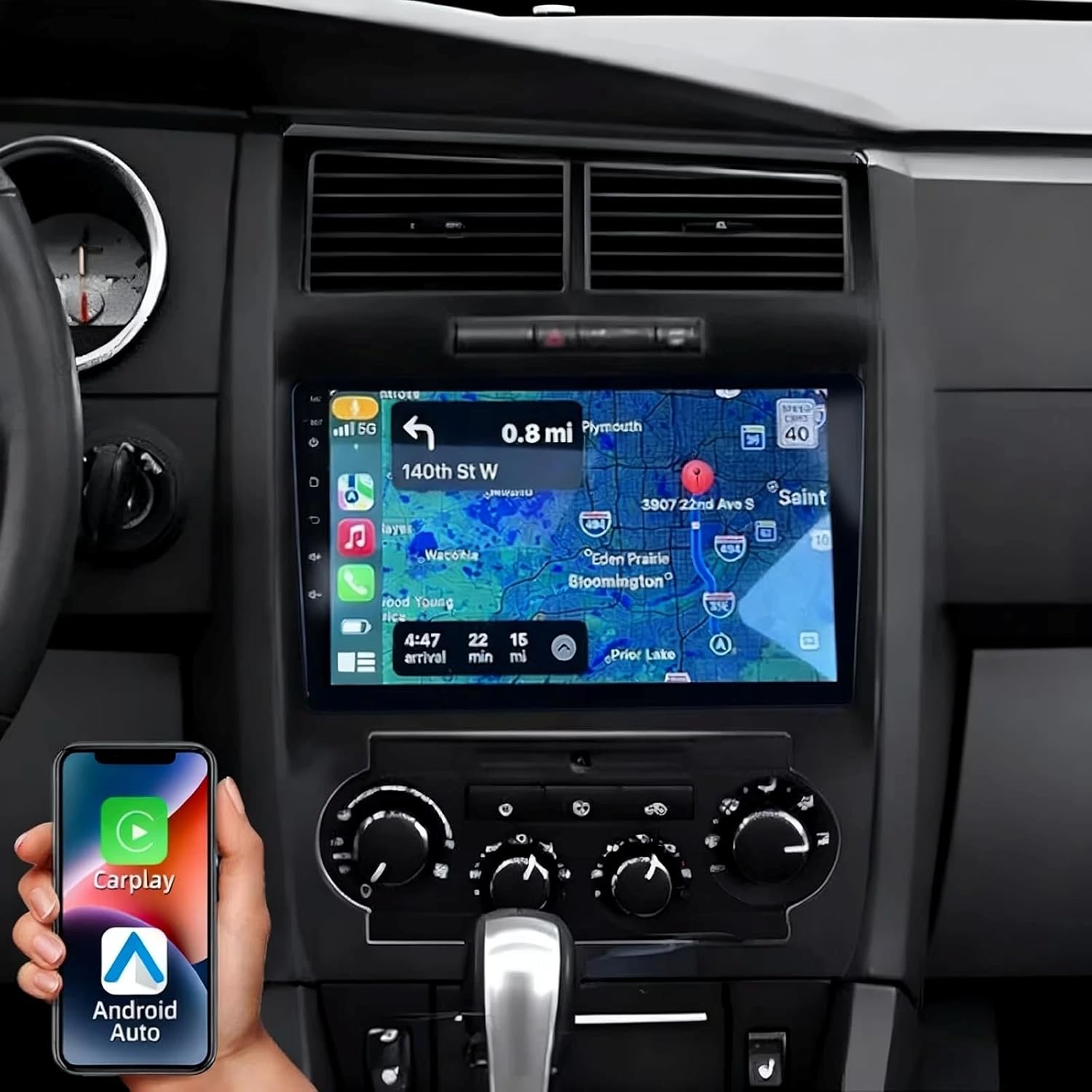 Double Din Car Stereo for 2007 Dodge Charger Radio Android Radio with DSP 9 inch Touchscreen with Wireless Carplay and Android Auto, Mirror Link, WiFi, GPS Navigation, SWC + Canbus + Backup Camera