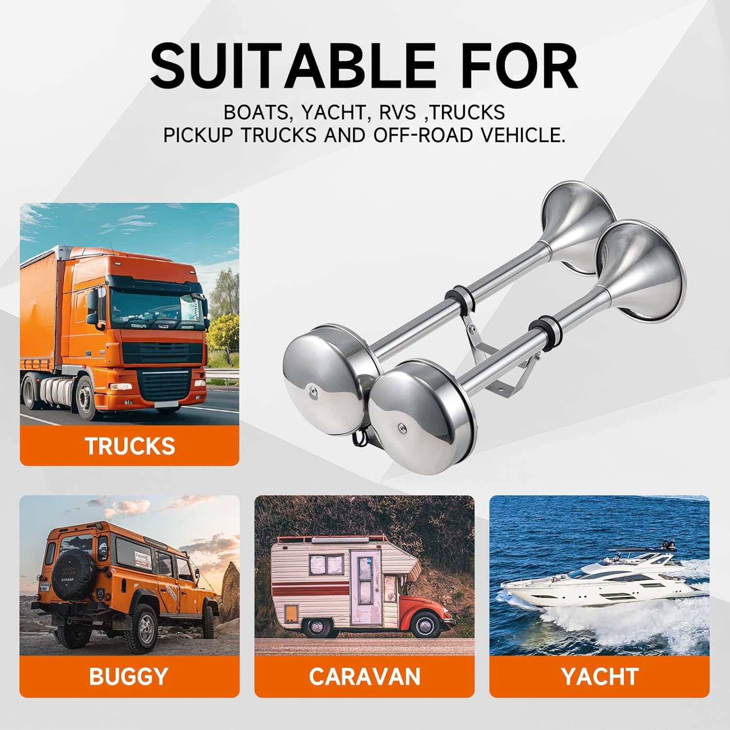 Marine Boat Safty Horns 12V 180dB Double Trumpet Truck Horn Stainless Steel Low and High Tone 2 Tube for Ship Truck RV Trailer Pickup Van Bus