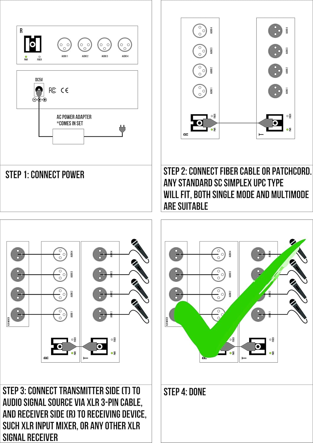 4 port XLR Audio Over Fiber Converter | Extender Kit: 4 Channel Balanced Audio to Fiber Media Converter - Universal Single & Multimode - 0.5 km MM (0.31 mi) 20 km SM (11.4 mi), Transmitter & Receiver