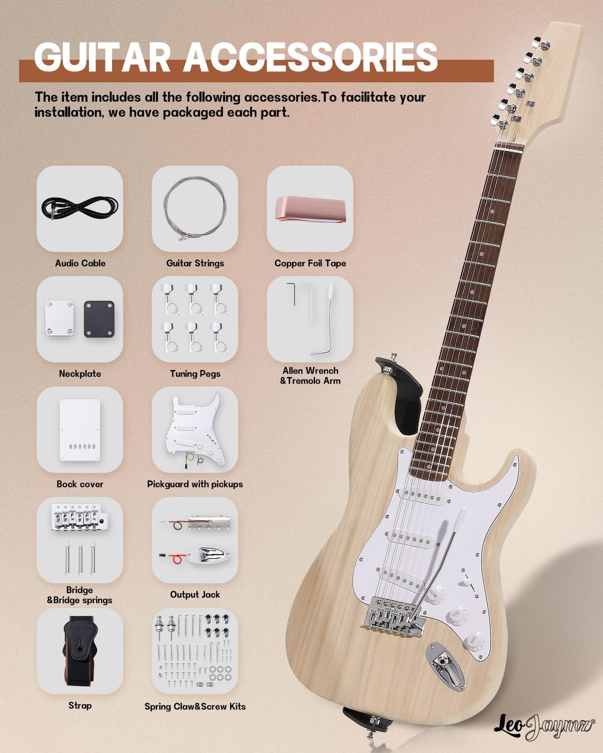Leo Jaymz DIY ST Style Electric Guitar Kits with Paulownia Body and Maple Neck - Laurel Wood Fingerboard,Strip and All Components Included (ST Paulownia)
