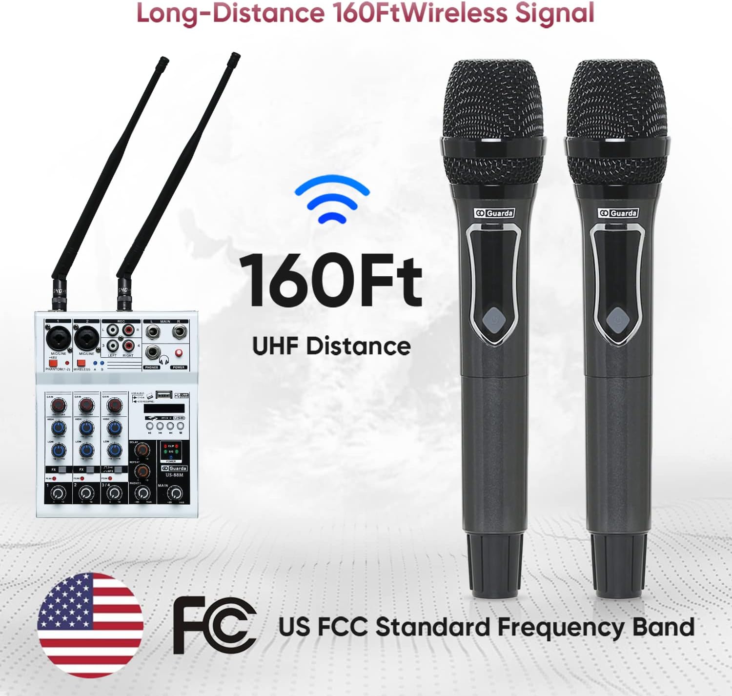 Professional Audio Mixer with Dual Wireless Microphone system set, 4-Channel Mixer, for karaoke, Singing, Amplifier, DJ Mixer, podcast interface, live, MP3, USB sound mixing console (GD Guarda US-88M)