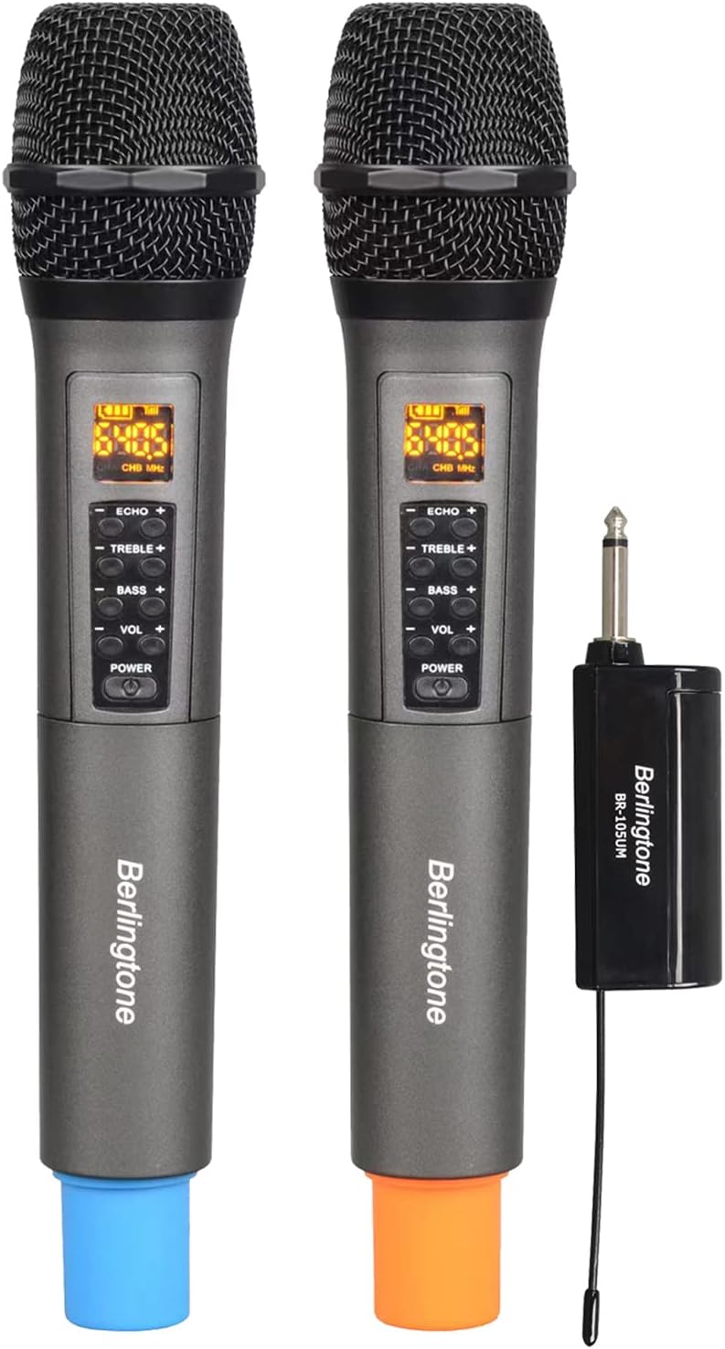 Berlingtone) Dual UHF Wireless Dynamic Handheld Microphone Systems, 60 Adjustable Frequency Channel, with Echo, Treble, Bass Volume, Rechargeable Battery, for Singing, Church, up to 200Ft. Range