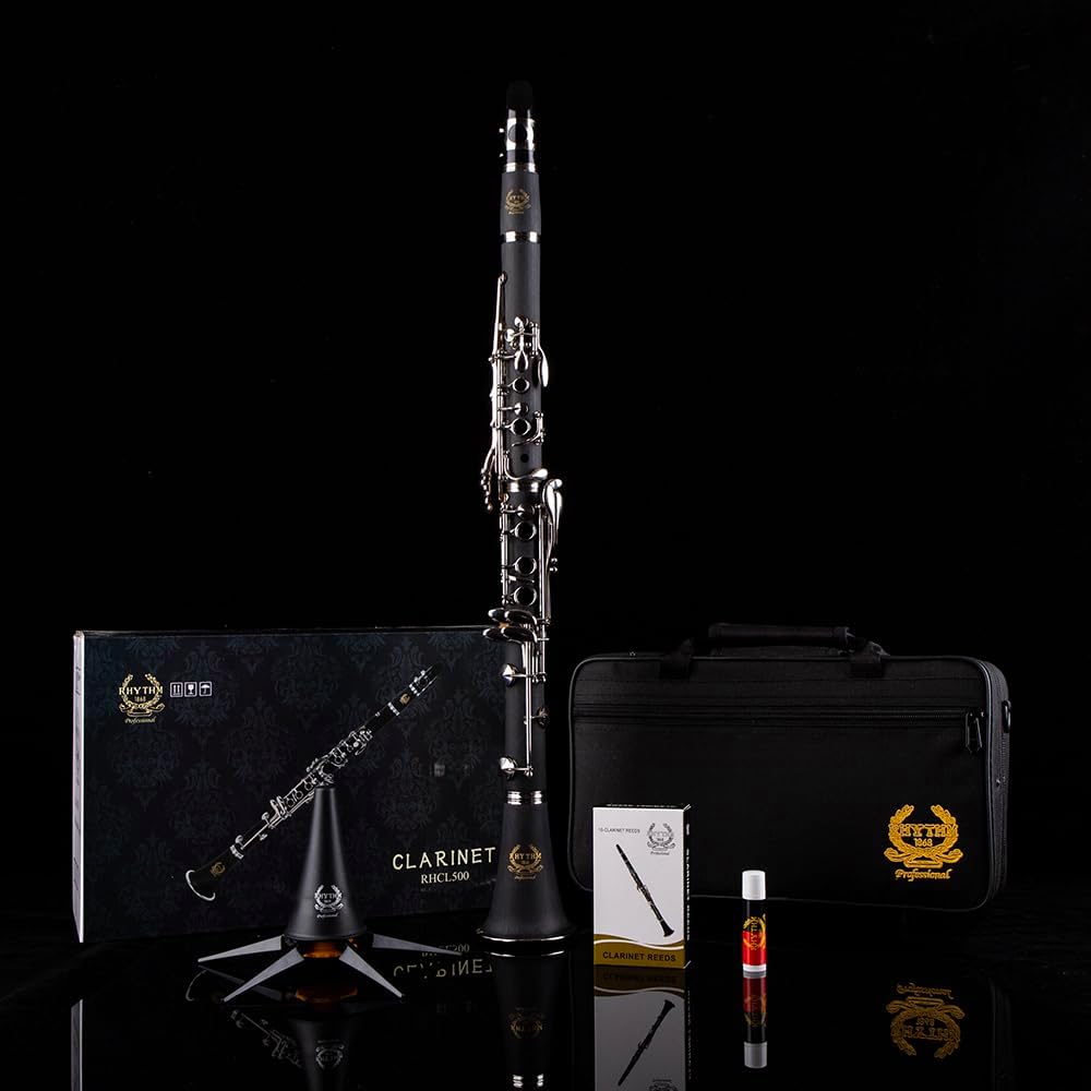 Rhythm Bb Clarinet 17 Nickel Keys Woodwind Band & Orchestra Musical Instruments for Beginners Includes Case, Stand, 10 Reeds and Cleaning Kit-Black/Silver keys