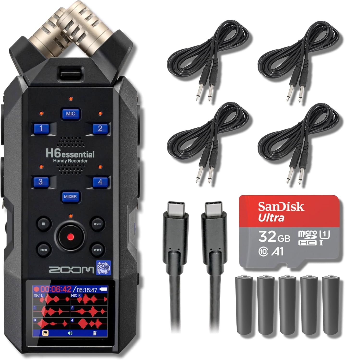 Zoom H6essential 6-Track 32-Bit Float Portable Audio Recorder with 32GB microSD Card, USB-C Cable, 25' Instrument Cables and AA Batteries