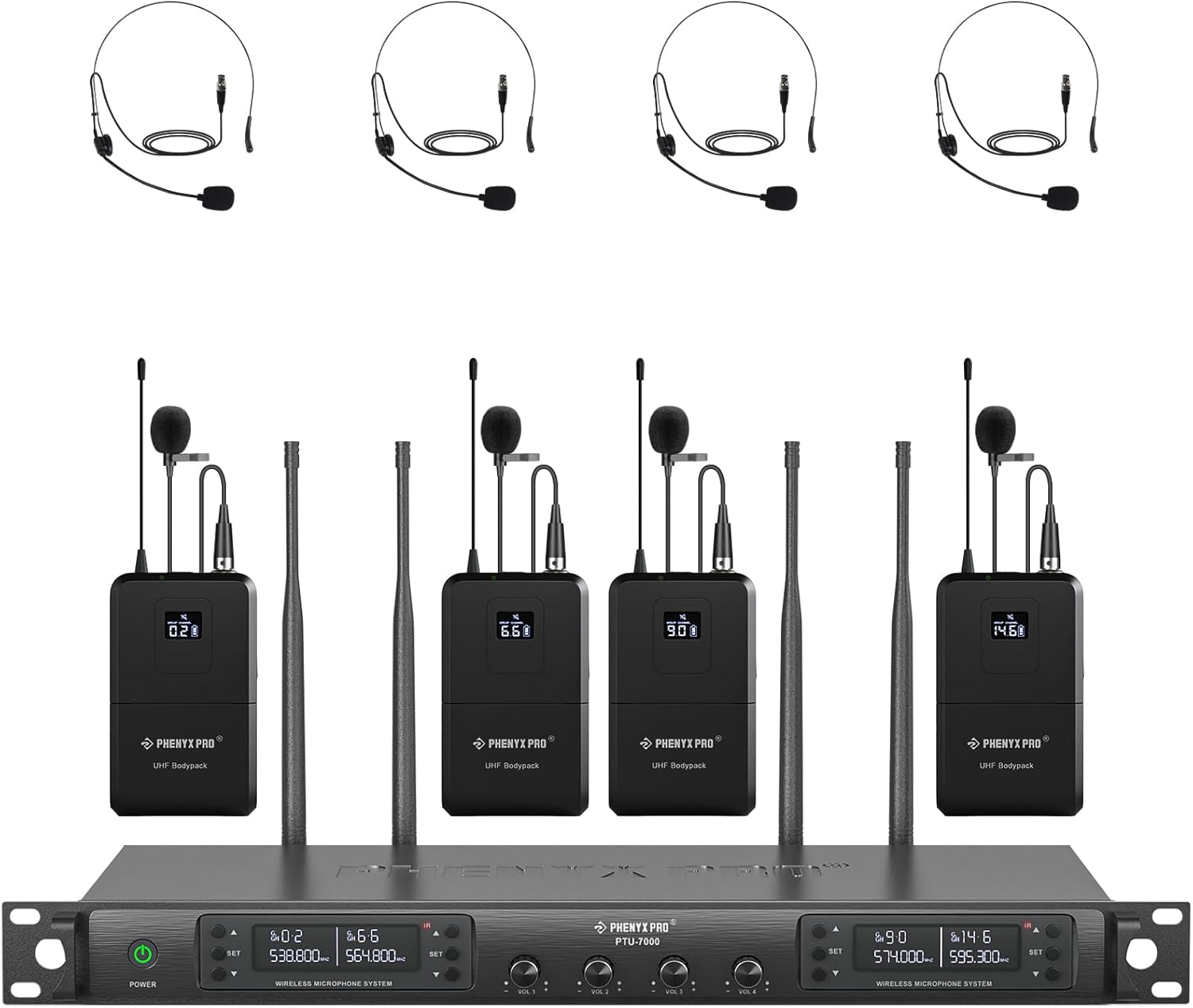 Phenyx Pro 4-Channel Wireless Microphone System, UHF Auto Scan Cordless Mic Set, 4 Bodypacks w/Headsets/Lapel Mics, 4x40 Frequencies, 328ft Coverage, Mic for Church, DJ, Meeting (PTU-7000-4B)