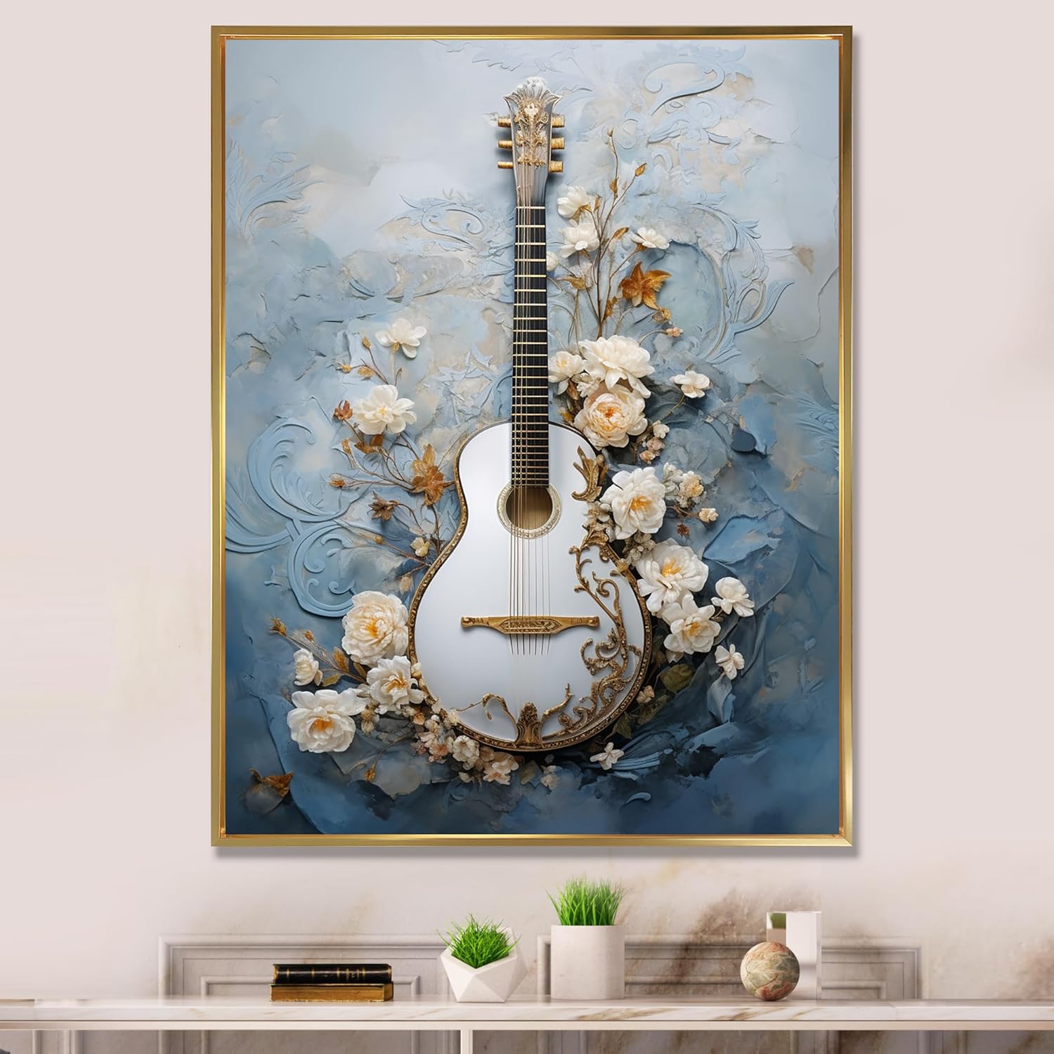 DesignQ music Oversized Gold Framed Wall art decor, Music Wall Art, Grecian Gray Bouzouki Brilliance, grey Canvas wall art, 34x44 inches