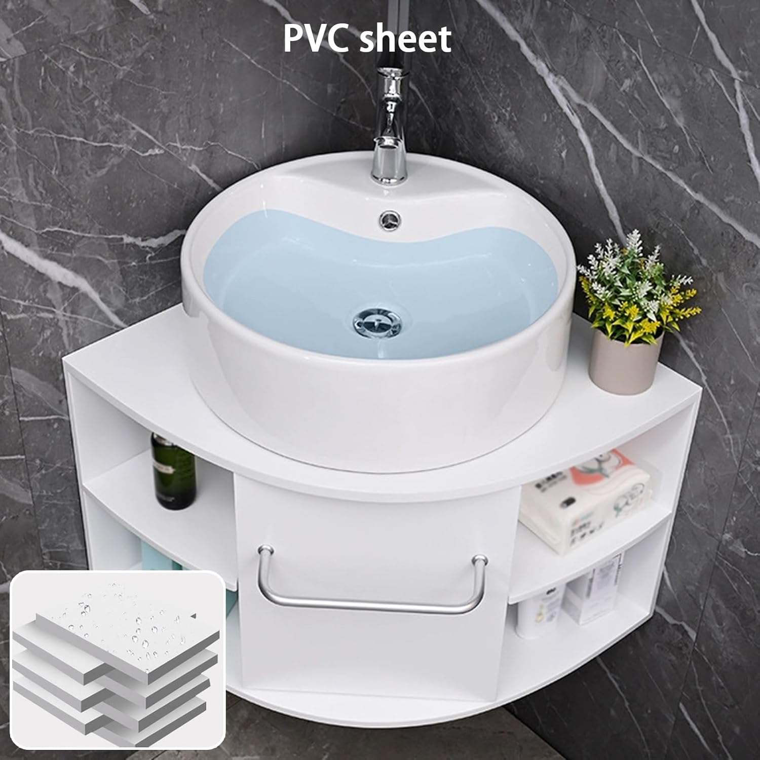 Corner Bathroom Sink, Wall Mount Corner Bathroom Vanity, Ceramic Sink Cabinet with Storage Container, Triangle Shaped Wash Basin for Home(50cm/19.6in)