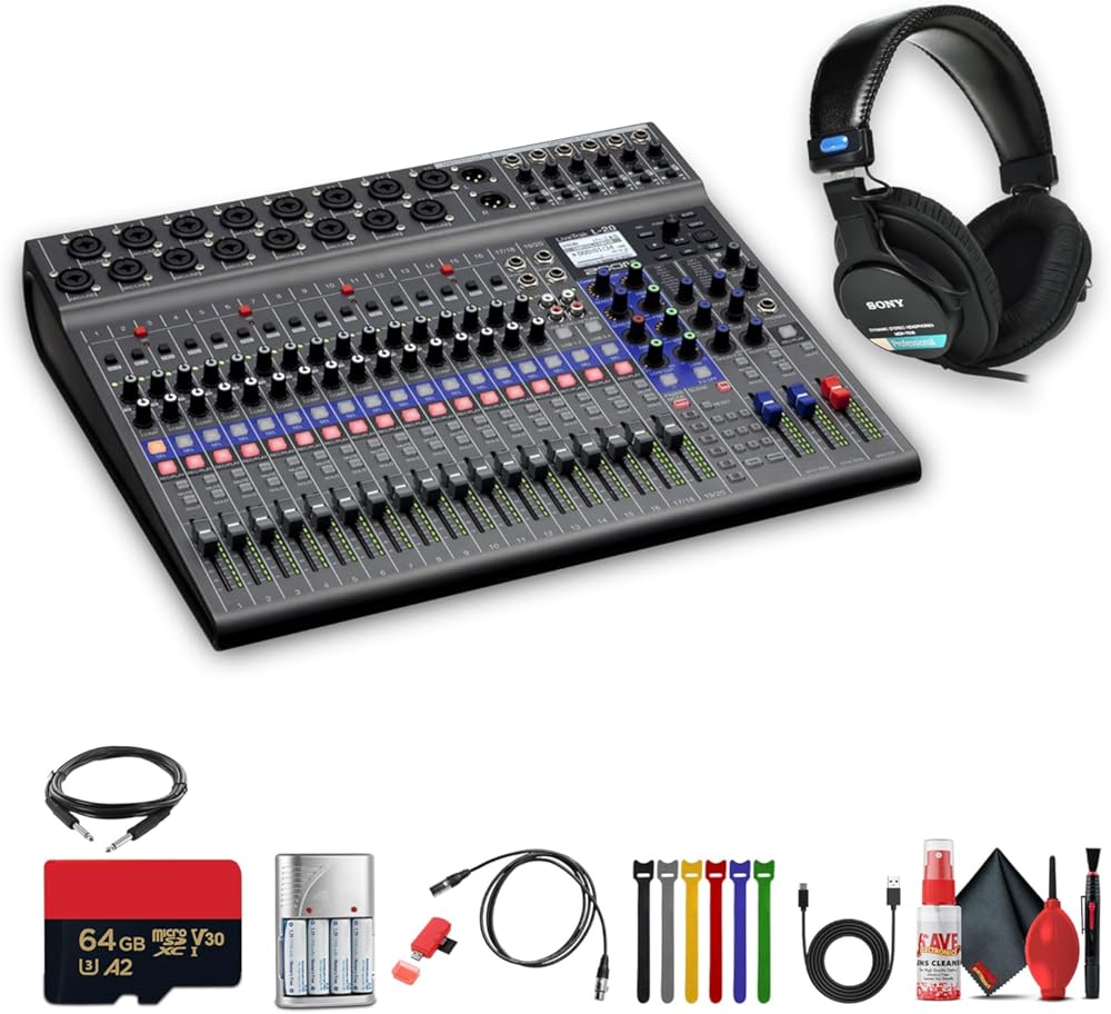 Zoom LiveTrak L-20-20-Input Digital Mixer & Multitrack Recorder Bundle With MDR-7506 Professional Stereo Headphones + More