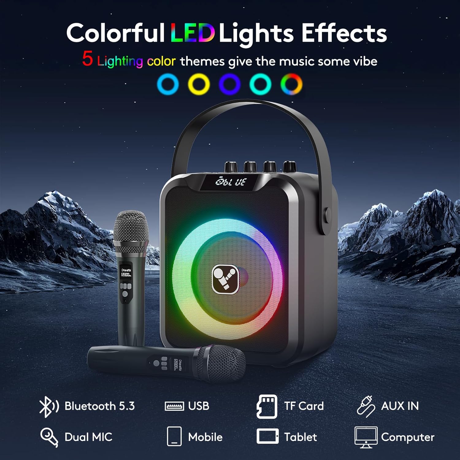 Portable Karaoke Machine with 2 Wireless Microphones for Adults & Kids,Rechargeable Karaoke Mic with 6 Voice Changer,Karaoke Speaker Supports Bluetooth,USB,Live,AUX,TF,MIC