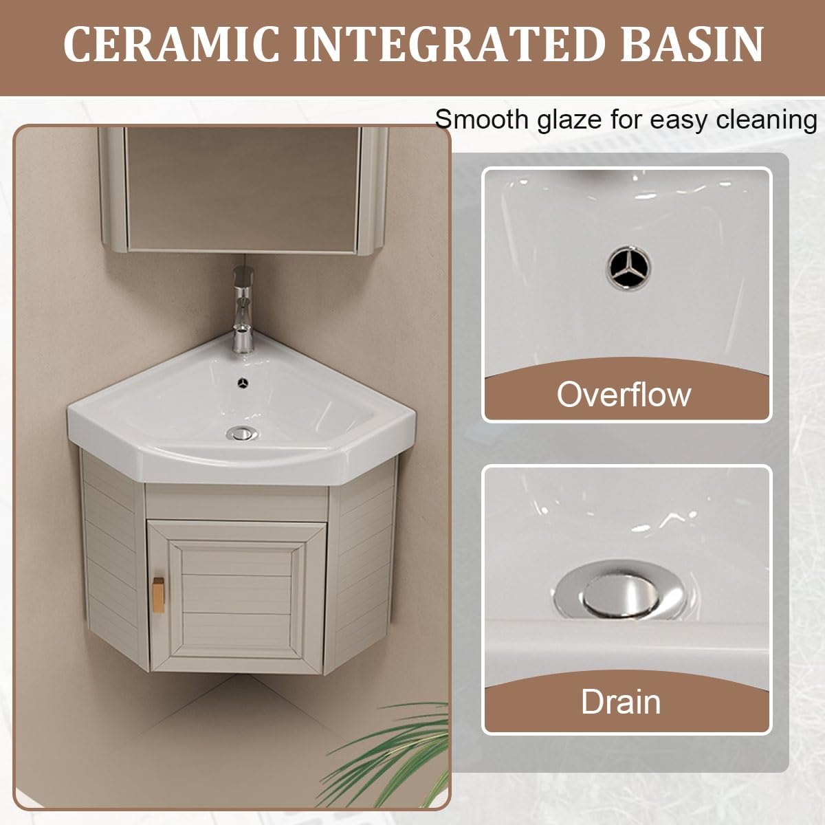 Ceramic Bathroom Corner Sinks, Small Bathroom Sink Wall Mount Bathroom Corner Sinks, Wall Cabinet With Utility Sink Set, For Small Space, Single-apartment(White,38cm)