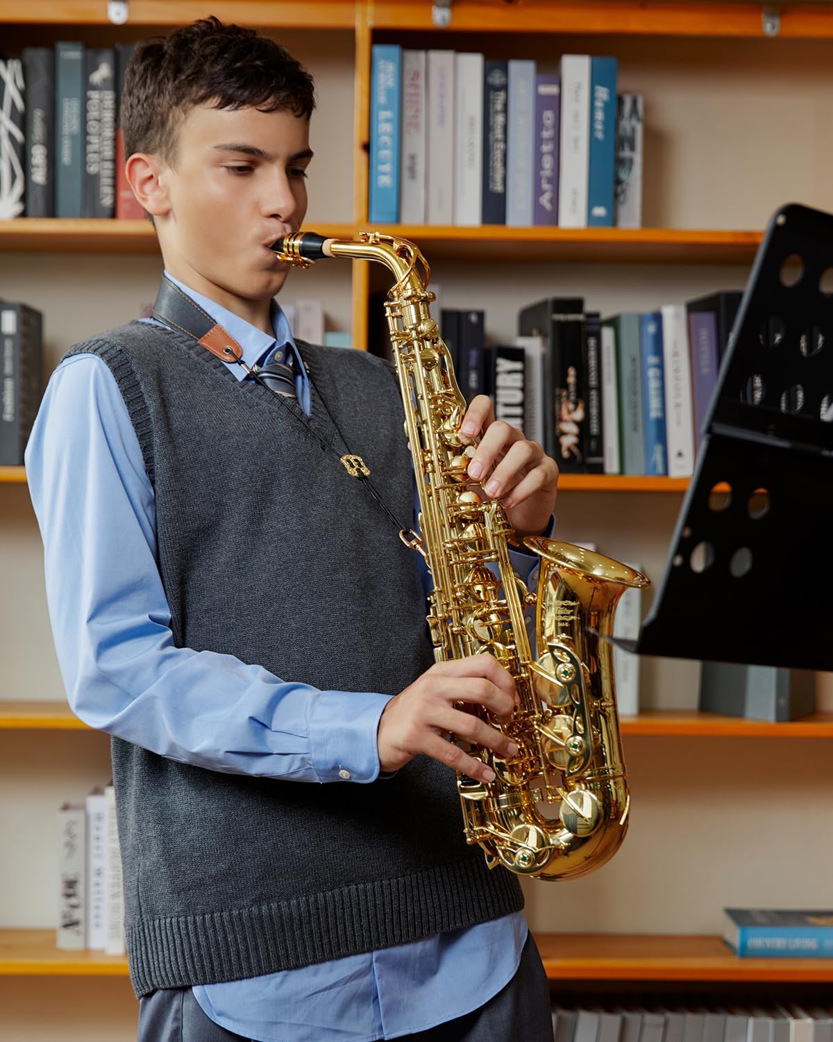 Eastar Student Alto Saxophone E Flat for Beginner Sax Full Kit with Carrying Case, Mouthpiece, Straps, Reeds, Stand, Golden Lacquer, AS-Ⅱ