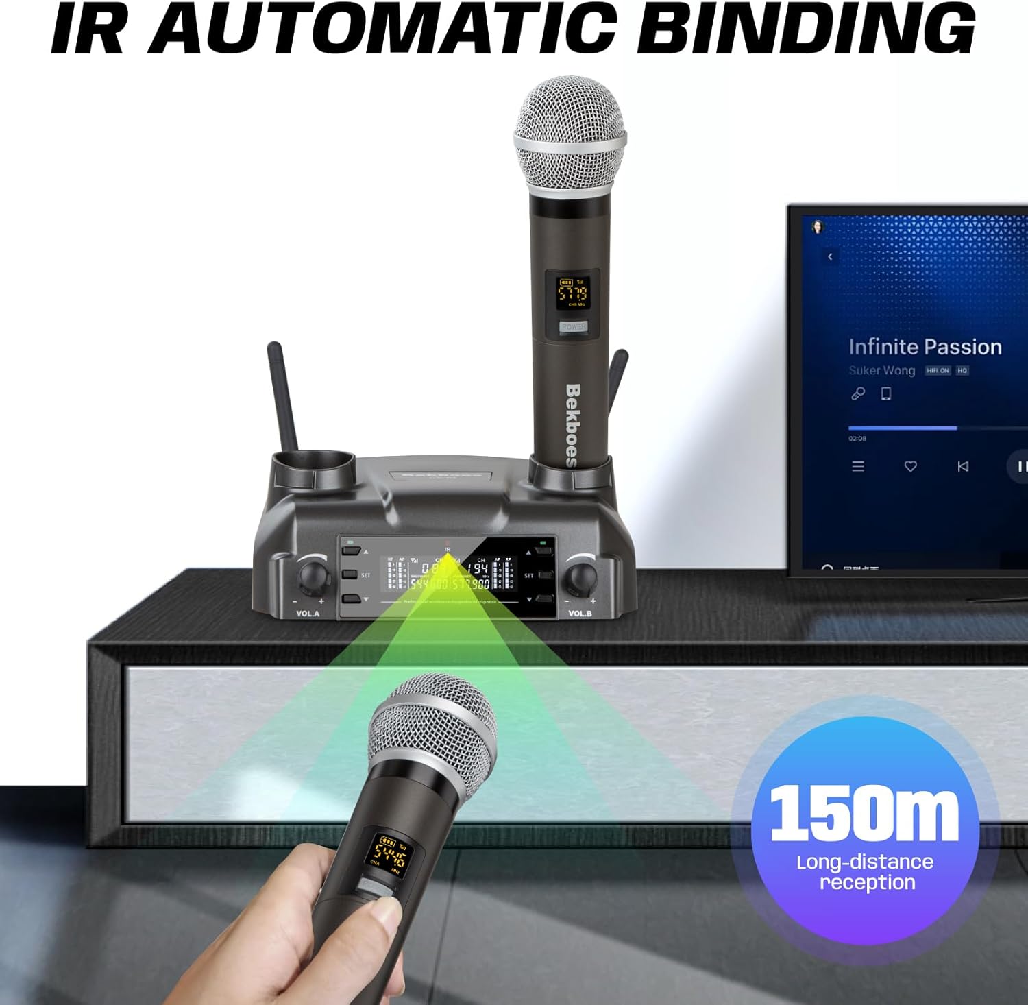 Professional Dual Dynamic Handheld UHF Wireless Microphone System, Magnetic Inductive Wireless Charging, 165ft Range for Home Karaoke/Meeting/Party/Church/Wedding