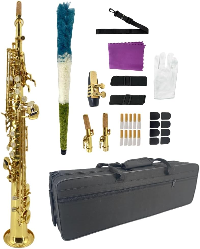 Bb Straight Soprano Saxophone–Gold Lacquer Finish, Ergonomic Design with Case, Mouthpiece, Neck Strap & Accessories, Ideal for Beginners & Advanced Players（Golden）