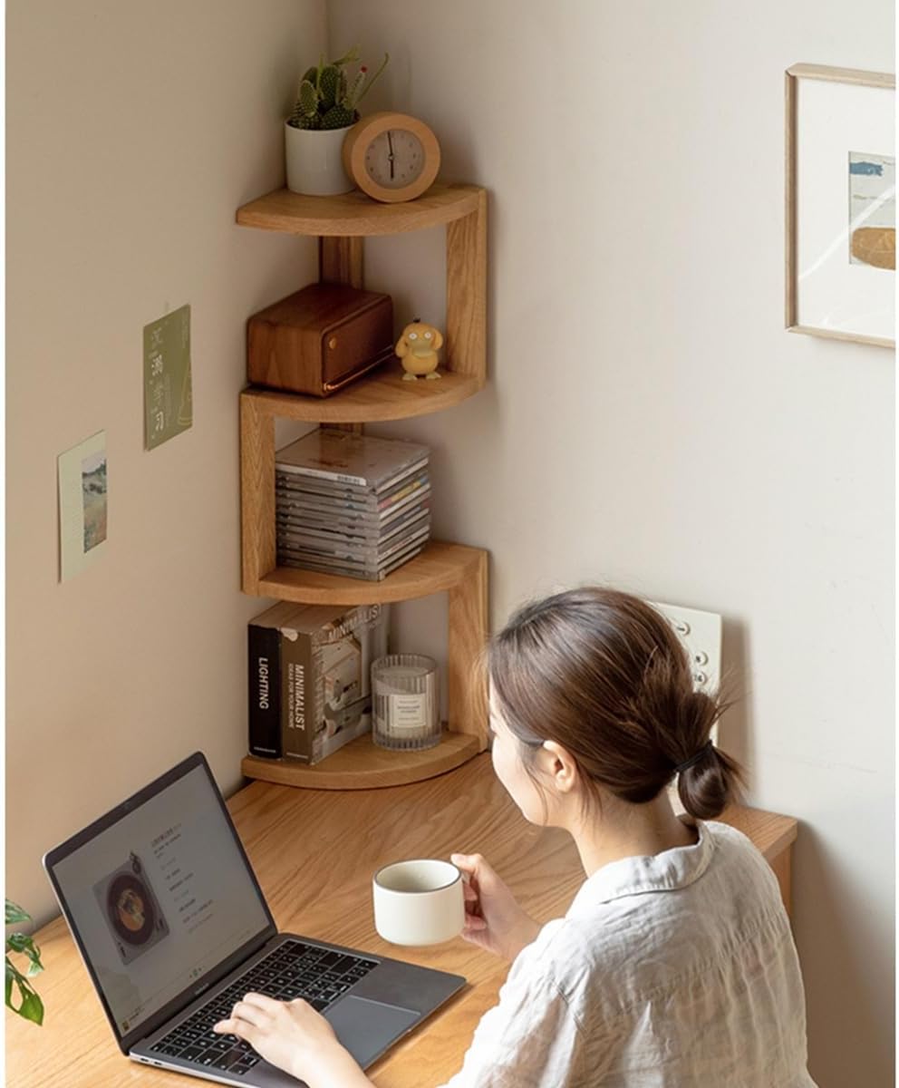 20x20x68cm Bow-Shaped Corner Bookshelf, Desktop Shelves Unit Small Bookcase, Versatile Shelving Corner Plant Display Stand All Solid Wood Rack (Walnut One Size)