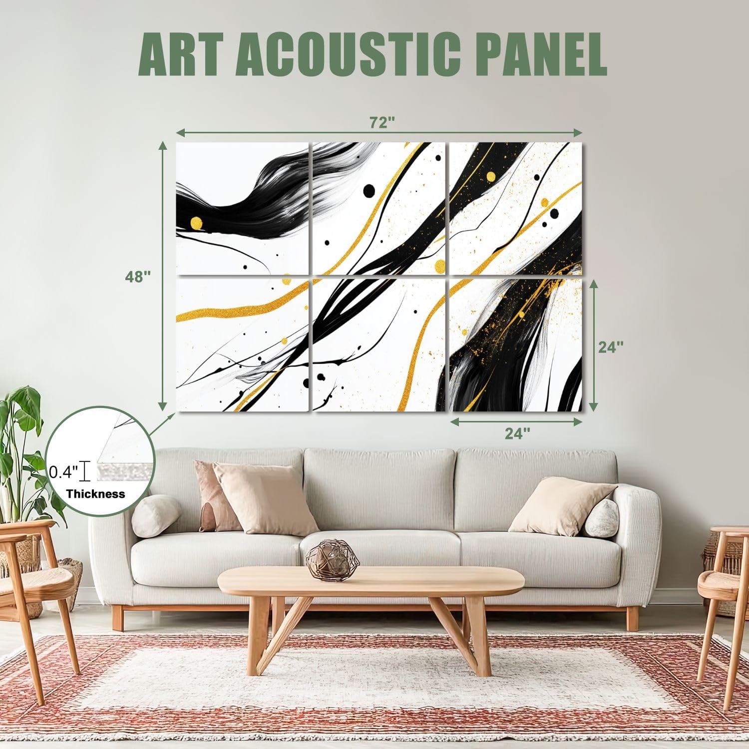6 Pack Art Acoustic Panels Sound Absorbing Black White Gold Lines Brush Strokes Accents Fluid Dynamic Movement Decorative Soundproof Wall Panels Self Adhesive for Recording Studios Office 72