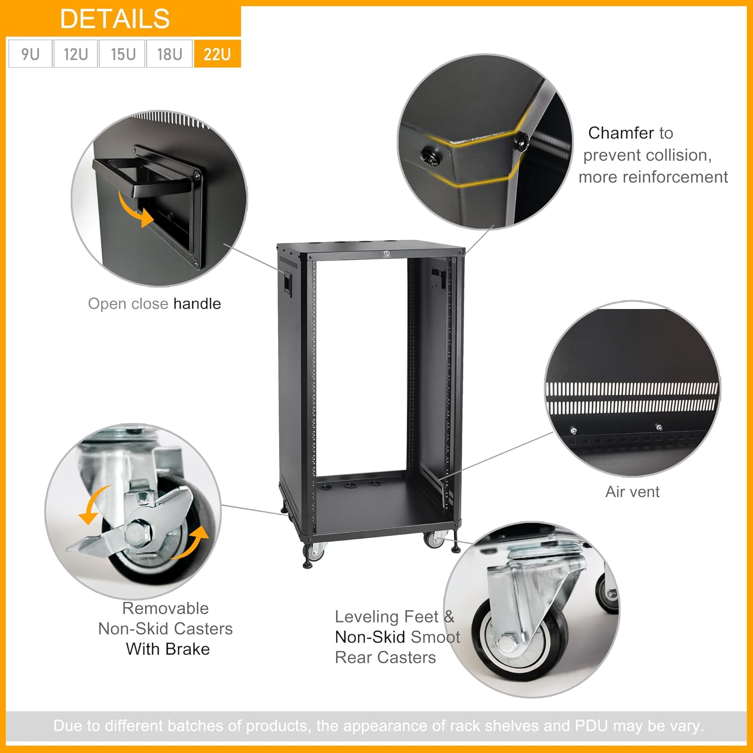 RIVECO 22U Stereo & Studio Rack with Caster Wheels, Rolling Network Cabinet, Open Frame Audio Rack for 19-inch Video Music Recording & IT Equipment Lifting Handle & 10
