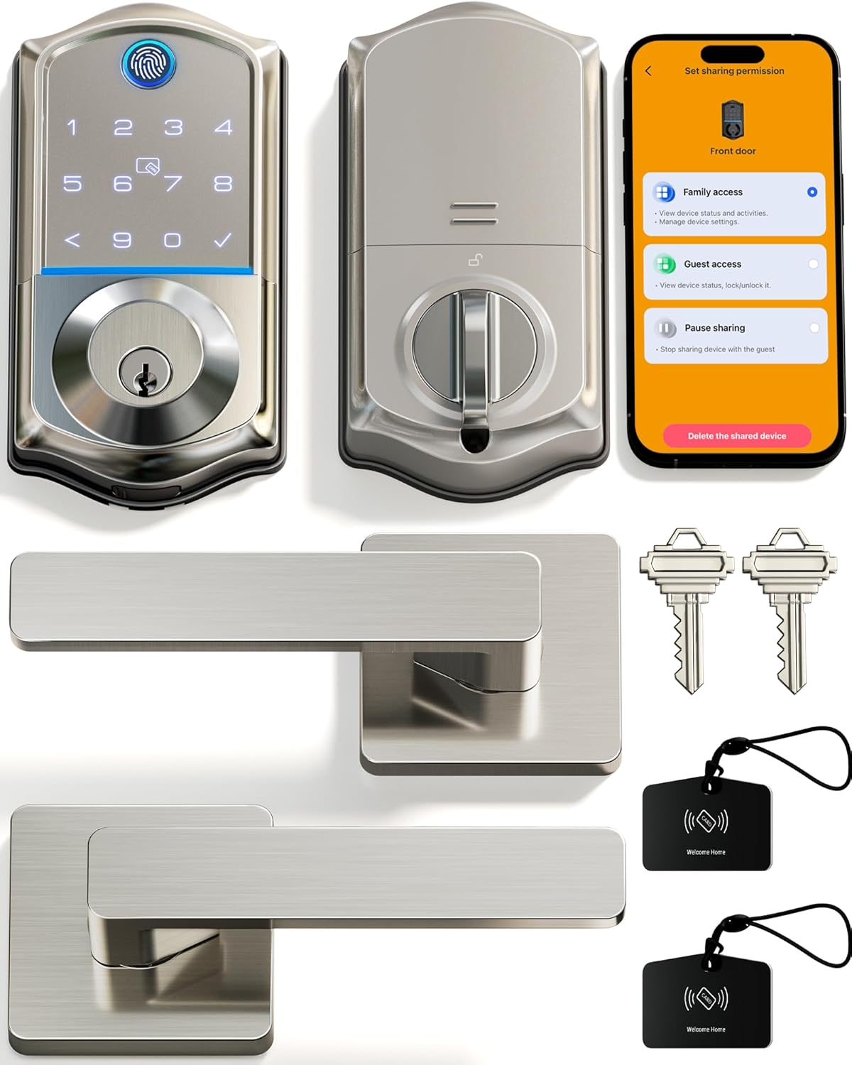 Veise VE017-B Fingerprint Smart Lock for Front Door, App Control, 7-in-1 Keyless Entry Deadbolt with 2 Zinc Alloy Lever Handles Set, Emergency Power Port, Auto Lock, Electronic Keypad, Satin Nickel