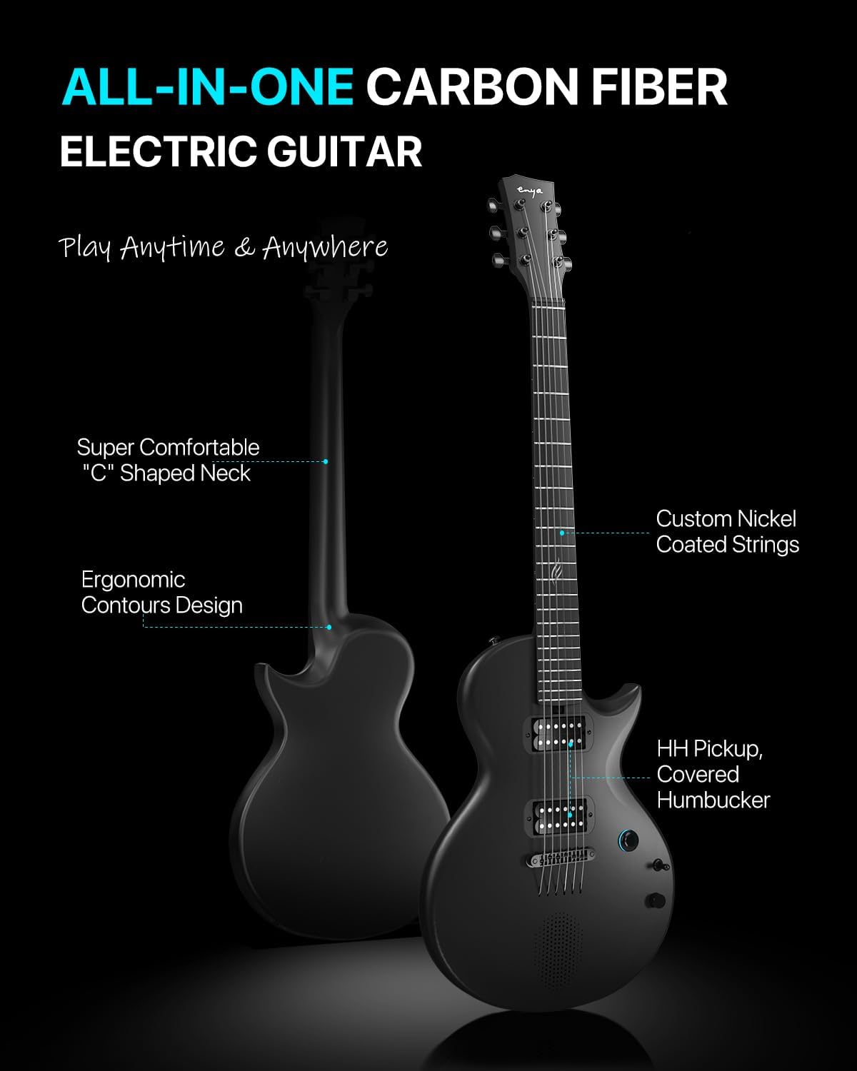 Enya Electric Guitar Nova Go Sonic Smart Electric Carbon Fiber Guitarra with 10W Wireless Speaker, Onboard Presets, All-in-One Portable Rig for Street Performers & Home Studios, Black
