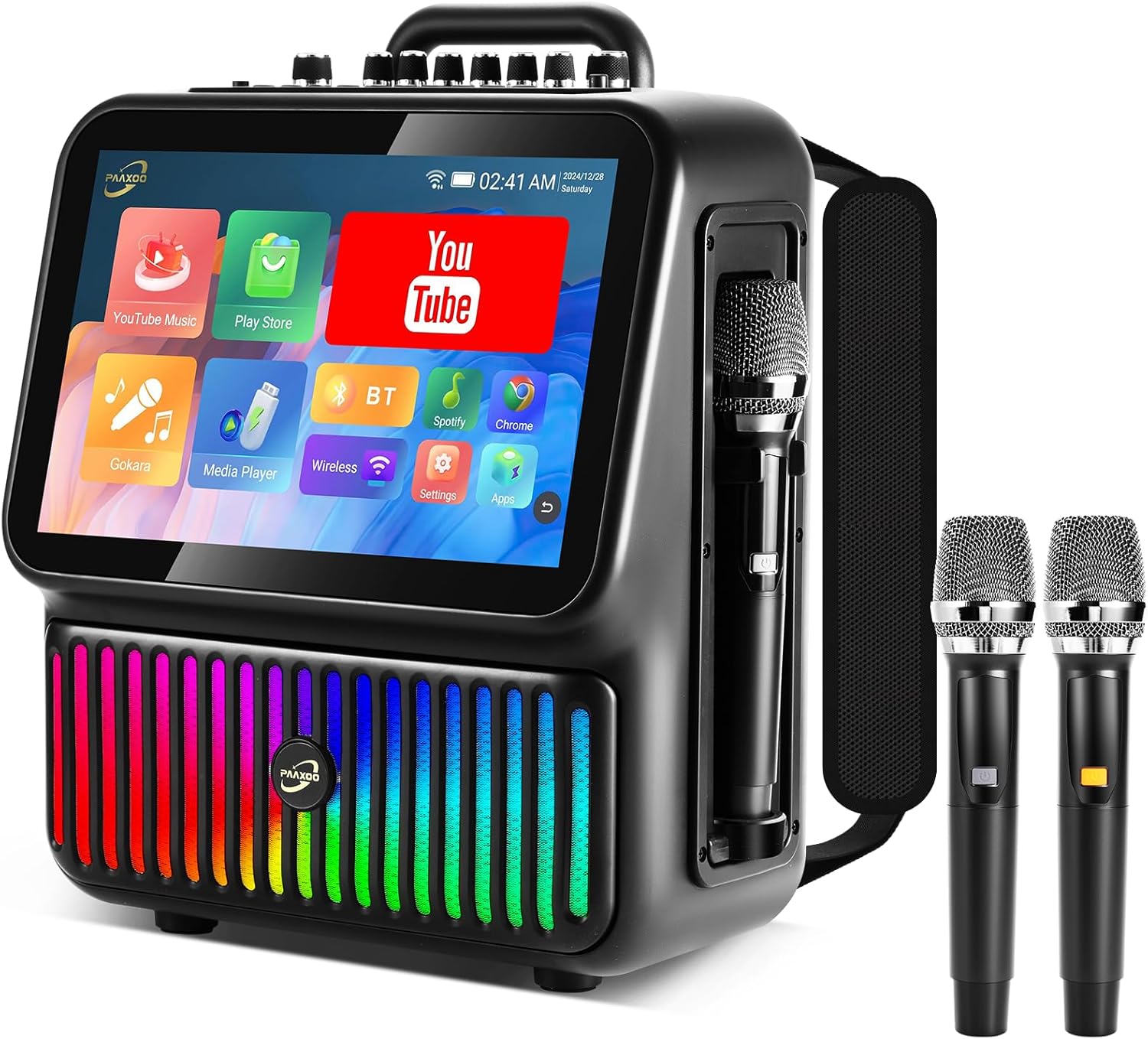 Smart Karaoke Machine, Bluetooth Karaoke Speaker with 2 Wireless Microphones，DJ Lights for Home Party Gathering, Karaoke Microphone Wireless PA System Supports