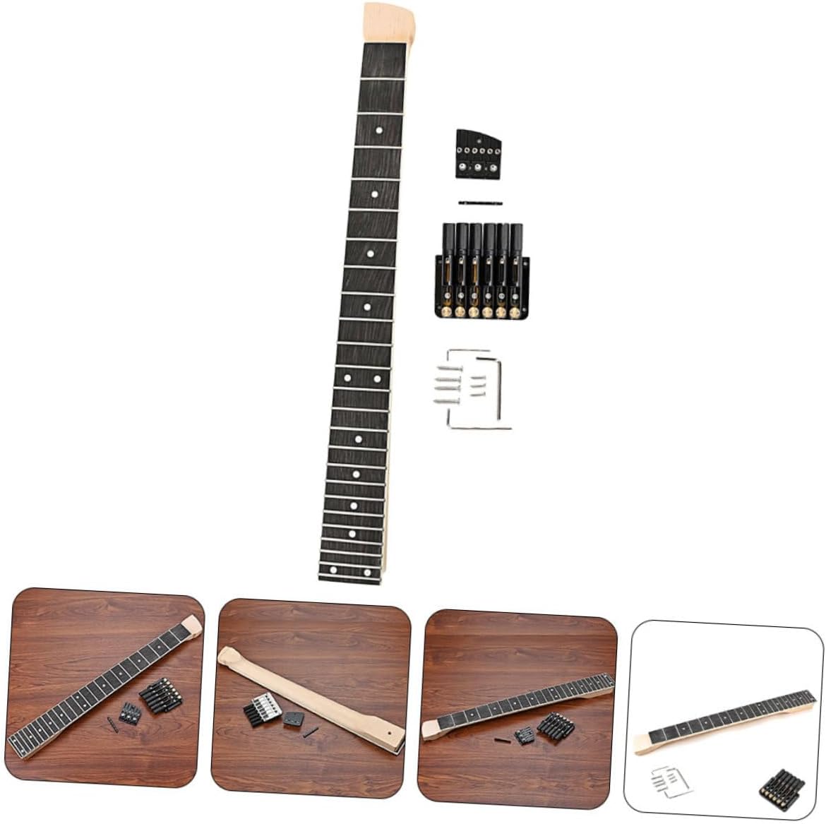 Headless Electric Guitar Neck Set 6-String Bridge and Nut Unfinished Wooden Neck for DIY Guitar Projects Replacement Accessories for Electric
