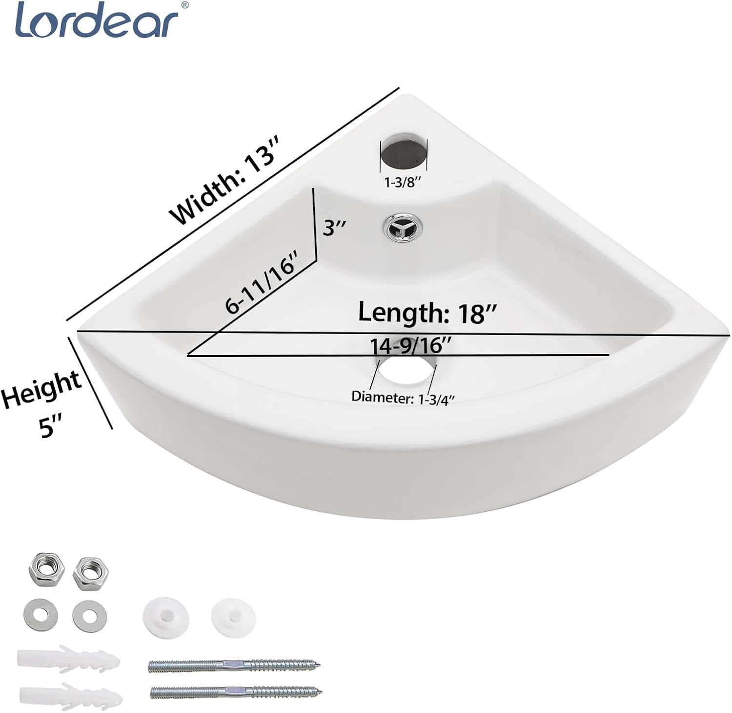Lordear Wall Mount Corner Bathroom Sink 18 Inch White Ceramic Washing Basin Sector Wall Mount Sink for Small Bathrooms.