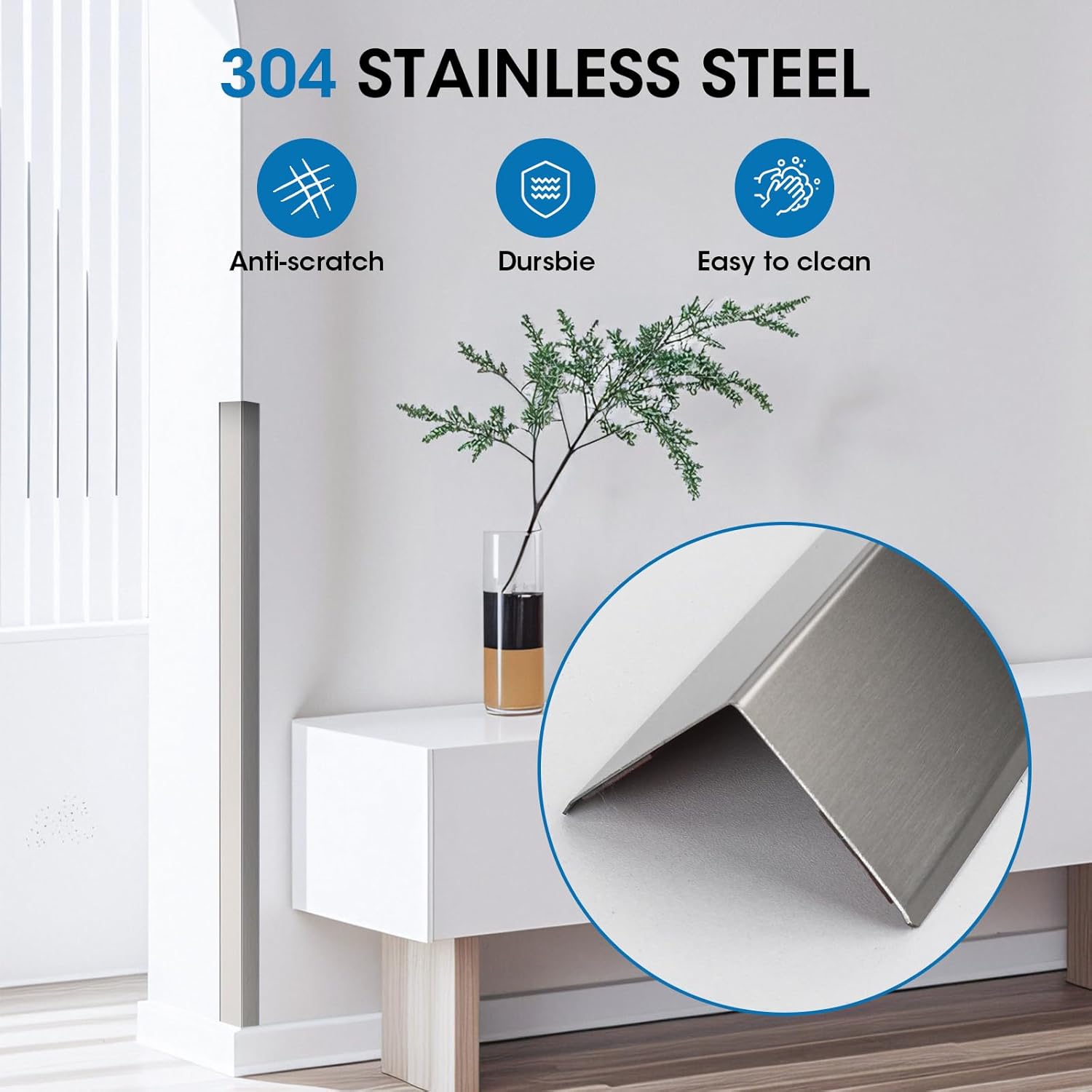 Stainless Steel Wall Corner Guards, 2 x 2 x 48 inches (10 Pcs Pack). Made of 304 Steel, These 90-Degree Angle Metal Corner Protectors are Designed for Wall Protection and Decoration