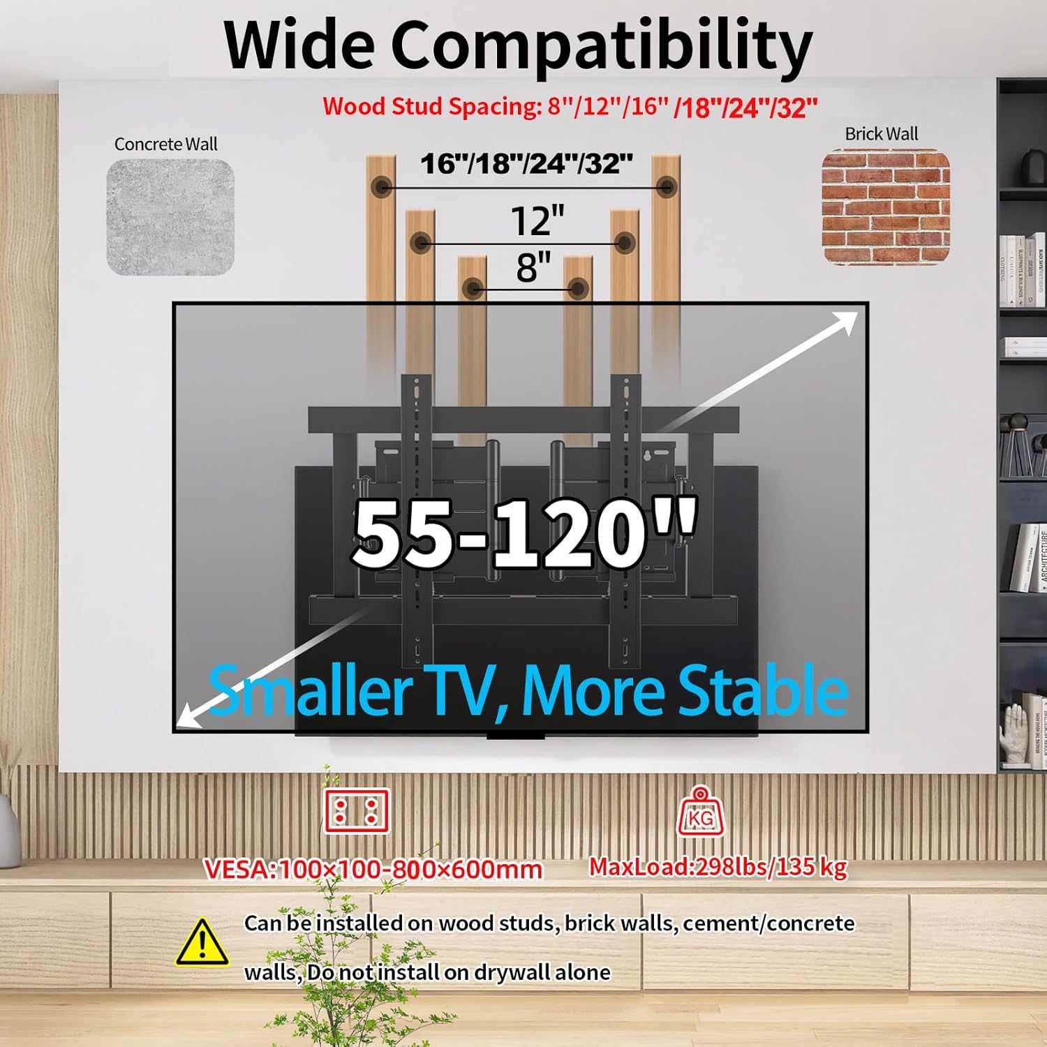 TV Wall Mount for 85 86 90 98 100 105 110 115 116 120 inch, Full Motion Corner TV Bracket for 55-120 inch LCD/LED/OLED Screen TVs Hold up to 298 lbs, Max VESA 800x600mm, Black, DY862