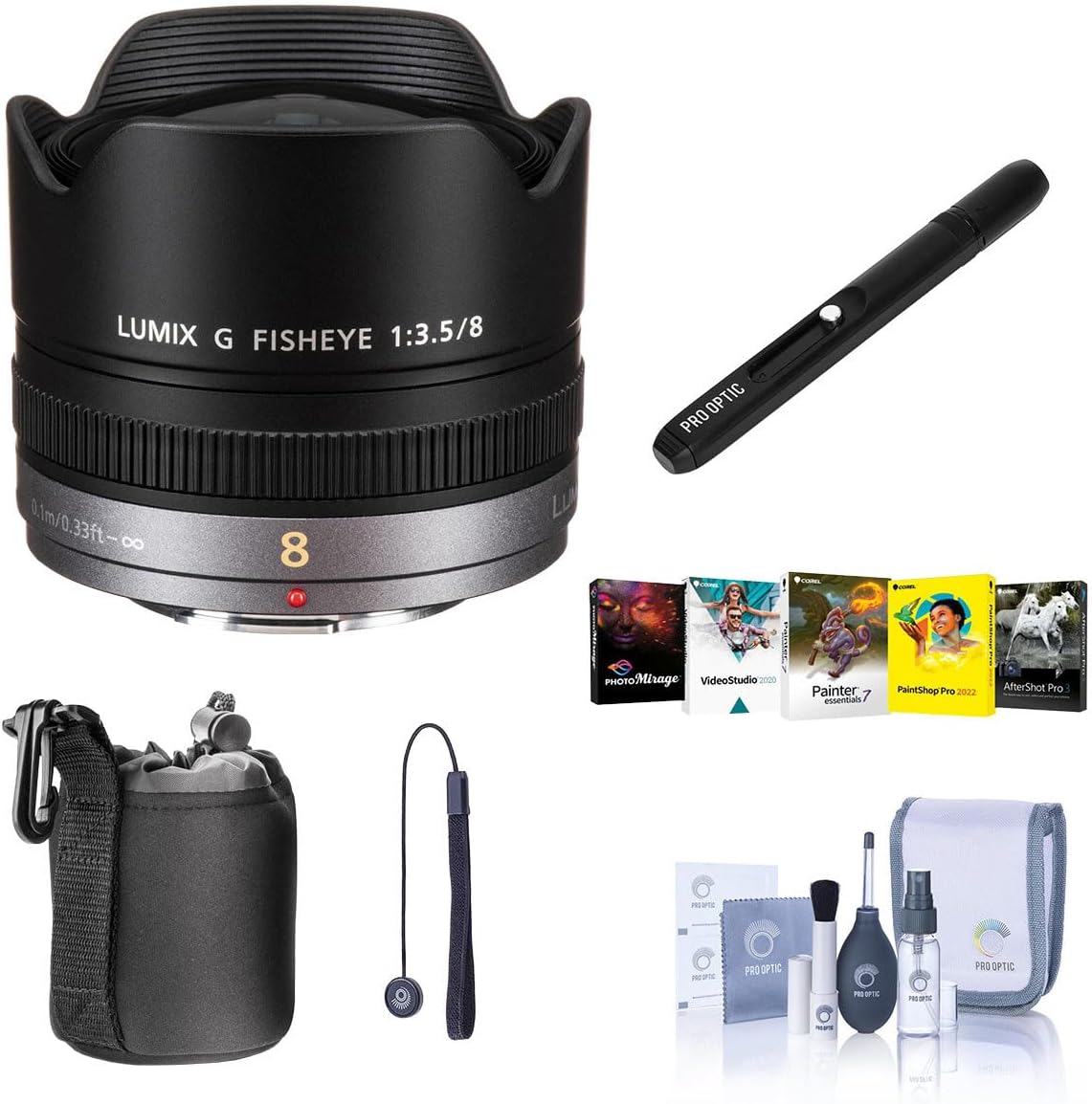 Panasonic Lumix G Fisheye 8mm f/3.5 Lens for Micro Four Thirds, Bundle with Cleaning Kit, Lens Case, Lens Cleaner, Lens Cap Tether, Software Kit