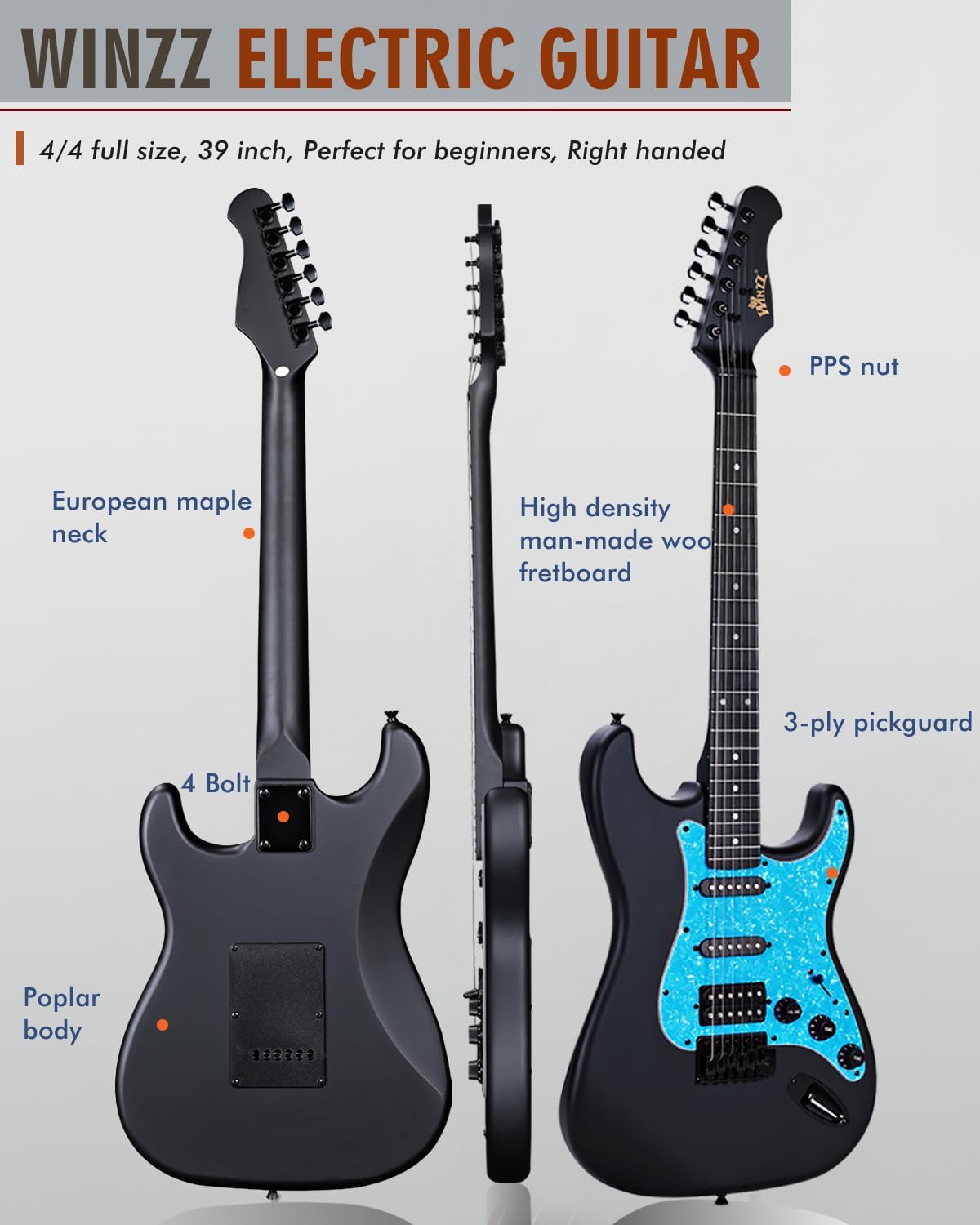 Winzz Adult Electric Guitar 4/4 Full Size, HSS Pickup, Guitar Electric ST for Beginners Starter Pack with 12 Accessories, Ideal Kids Electric Guitar Kit 12+ Years (39