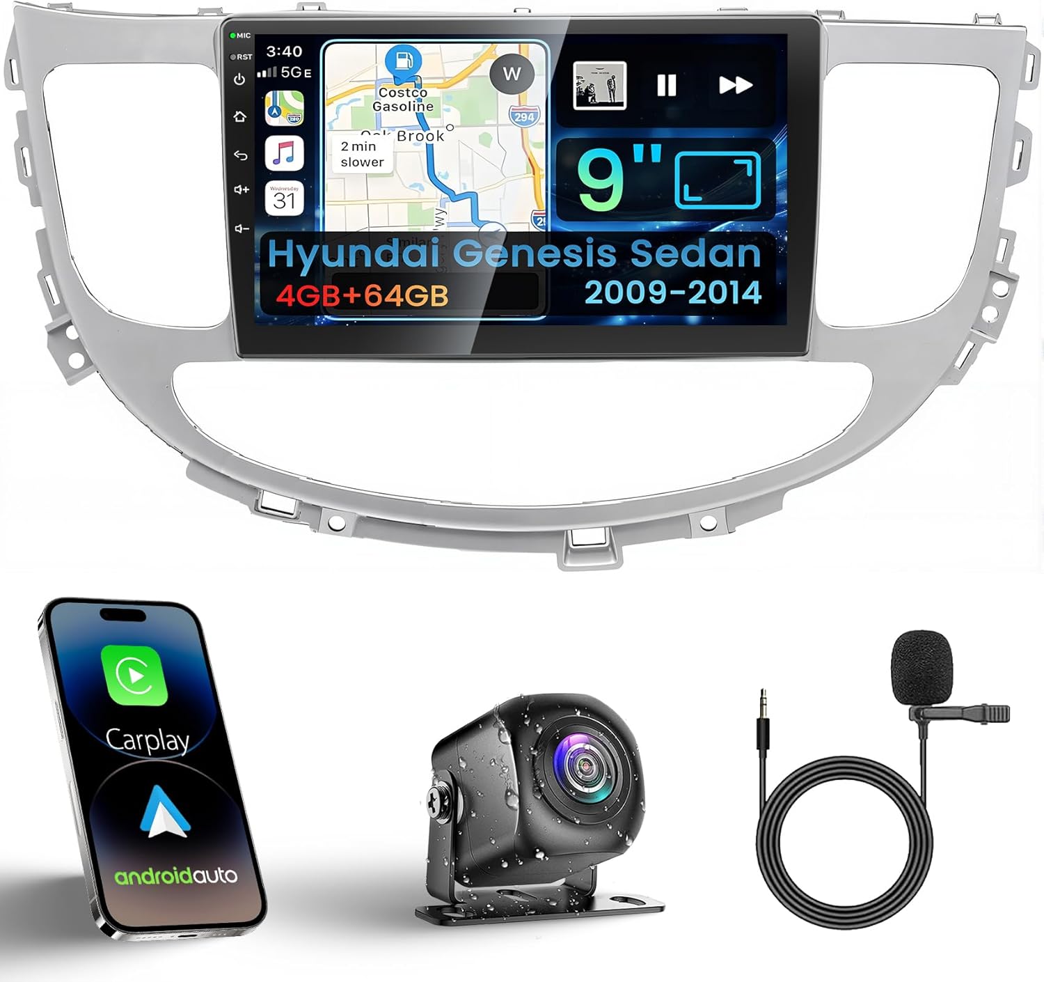 Android 13 Car Stereo for Hyundai Genesis Sedan 2009-2014 4G RAM+64G ROM, 9 Inch IPS Touch Screen Car Radio with Wireless Carplay/Android Auto,GPS, WiFi, Bluetooth, Support OBD2/DVR/DSP