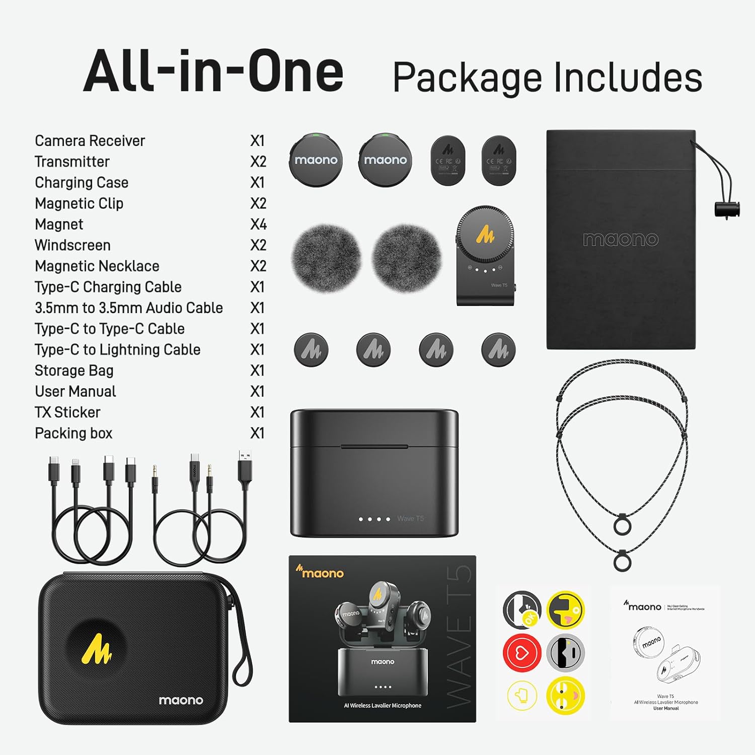 MAONO Wireless Lavalier Microphone for Camera/PC/Laptop/Phones, Mini Lapel Mic with 48khz 24bit, 1000ft Range, Noise Cancellation, Gain Knob, Mono-Stereo Switch, 30H Use for Video Recording - Wave T5