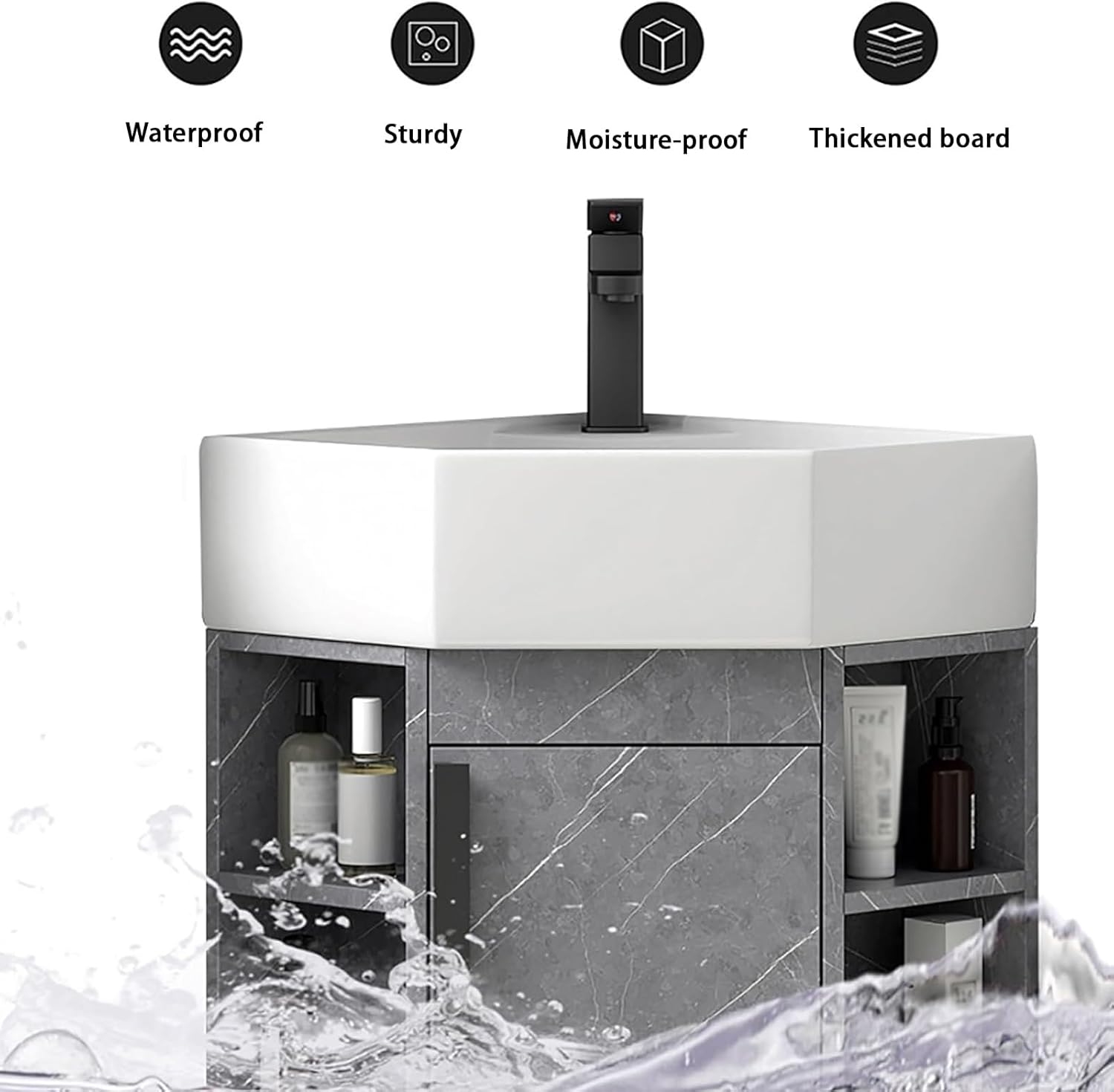 Corner Bathroom Sink, Corner Wall Mount Bathroom Vanity, Corner Sink with Faucet and Drain, Wall Hung Floating Porcelain Ceramic Wash Basin, for Kitchen Home(Gray,40cm/15.7in)